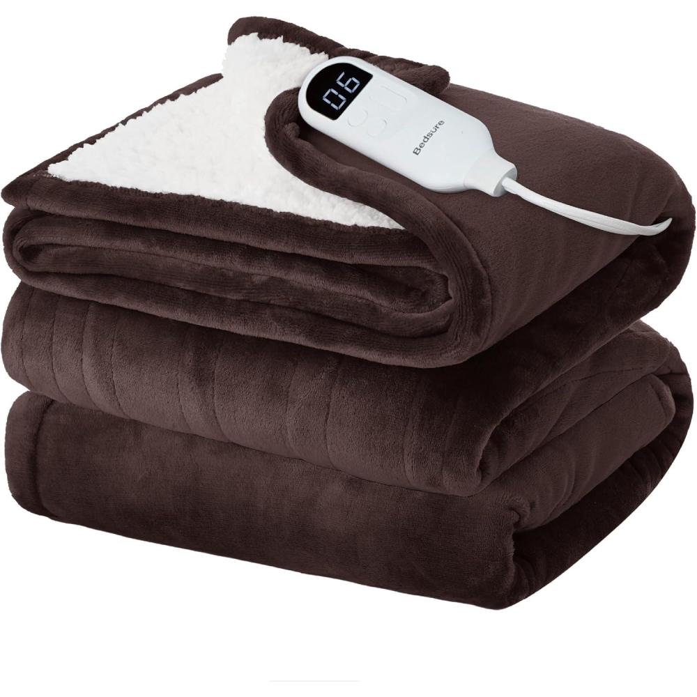 imageBedsure Faux Fur Heated Blanket Throw Blanket Fast Heating Fluffy Electric Blanket Heated Throw with 4 Time Settings ampamp 6 Heating Settings Cozy Gifts for Women Men50x60 inches Cream13 Brown