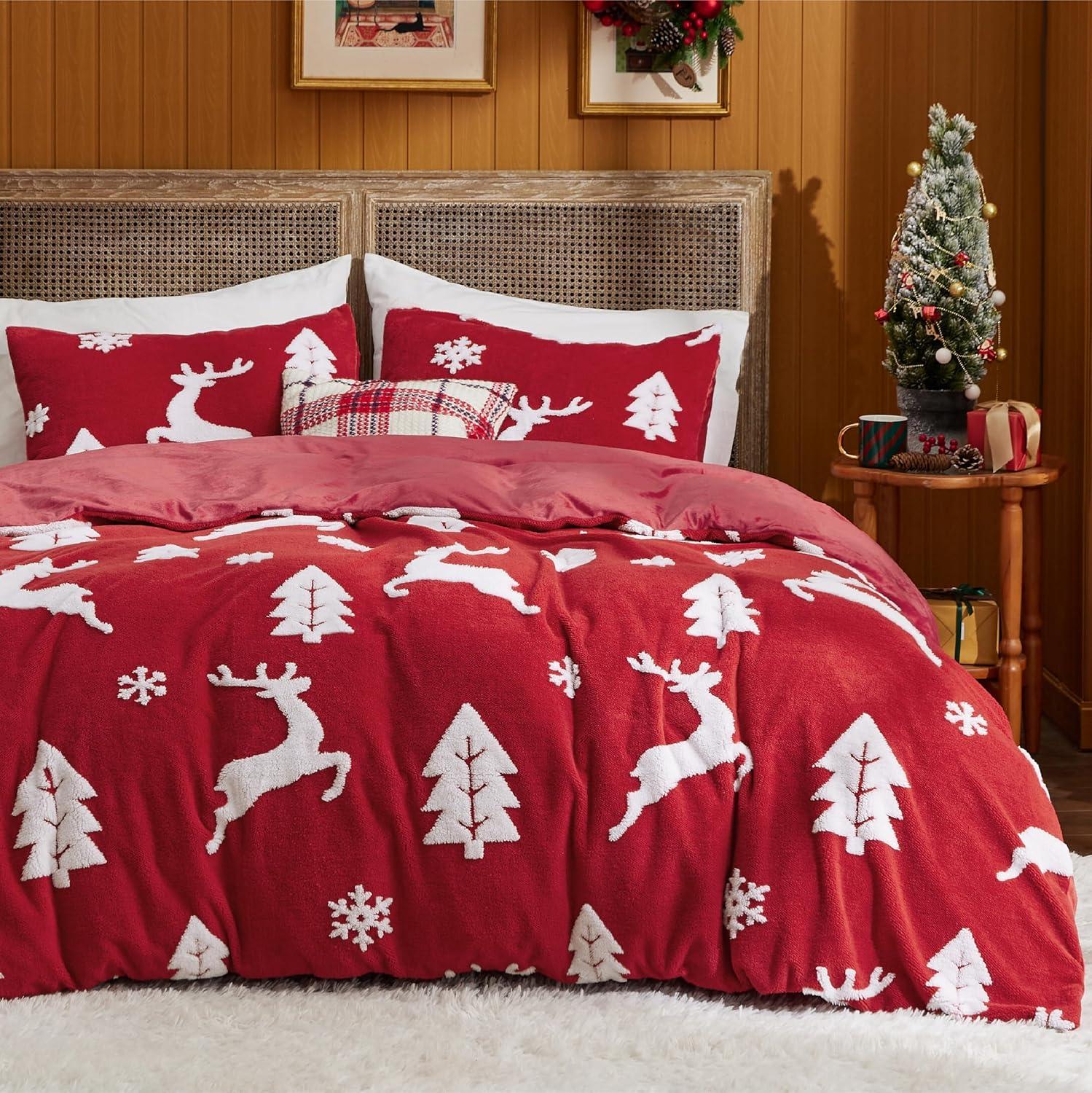 imageBedsure Fluffy Christmas Comforter Set Queen Pink Christmas Blanket