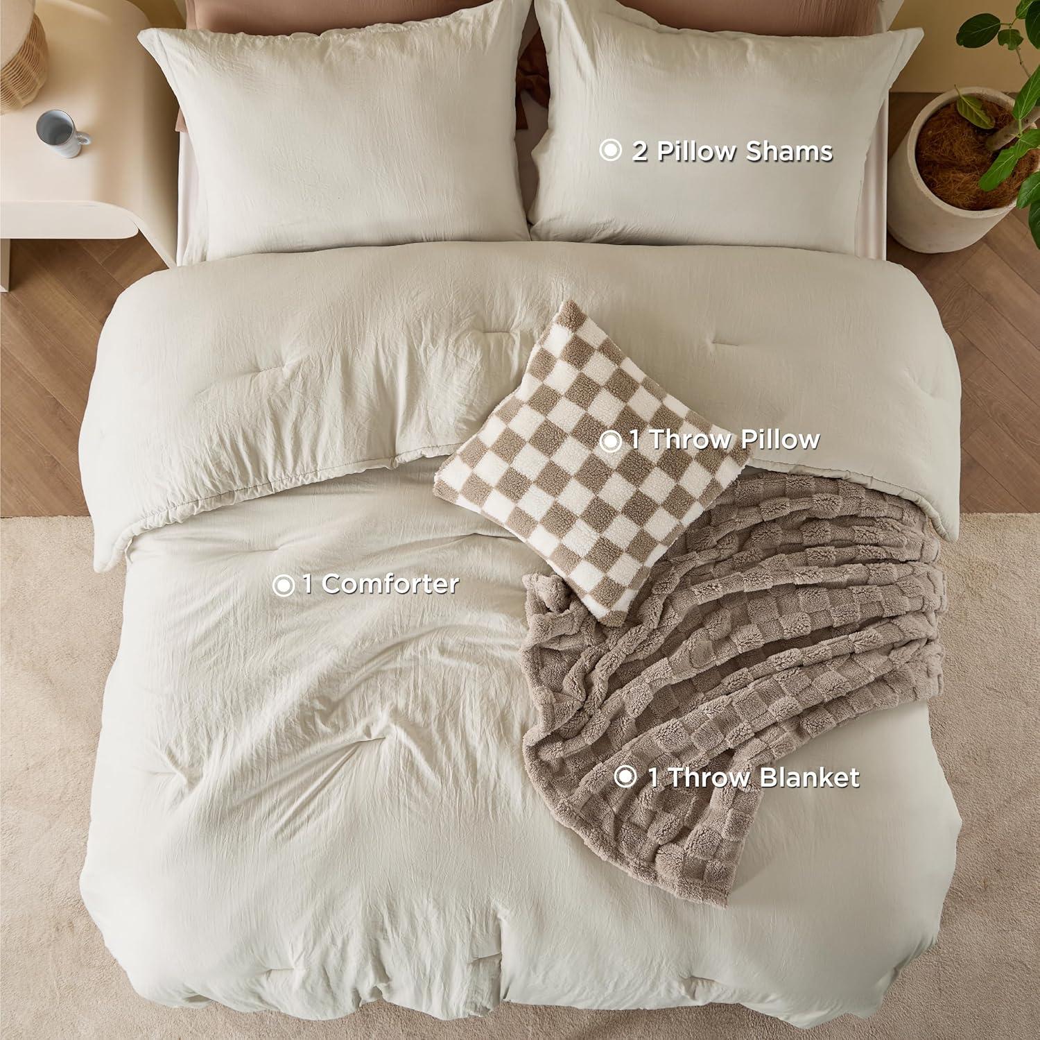 imageBedsure King Comforter Set 5 Pieces Bed in a Bag with Checkered Throw Blanket and Decorative Pillow Lightweight Bedding Comforter Sets All Season Boho Bedding Linen Beige