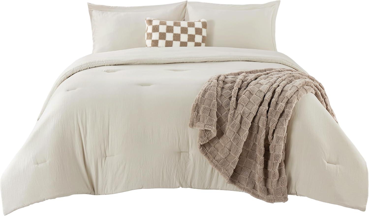 imageBedsure King Comforter Set 5 Pieces Bed in a Bag with Checkered Throw Blanket and Decorative Pillow Lightweight Bedding Comforter Sets All Season Boho Bedding Linen Beige