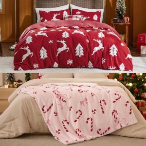 Bedsure Fluffy Christmas Comforter Set Queen Pink Christmas Blanket
