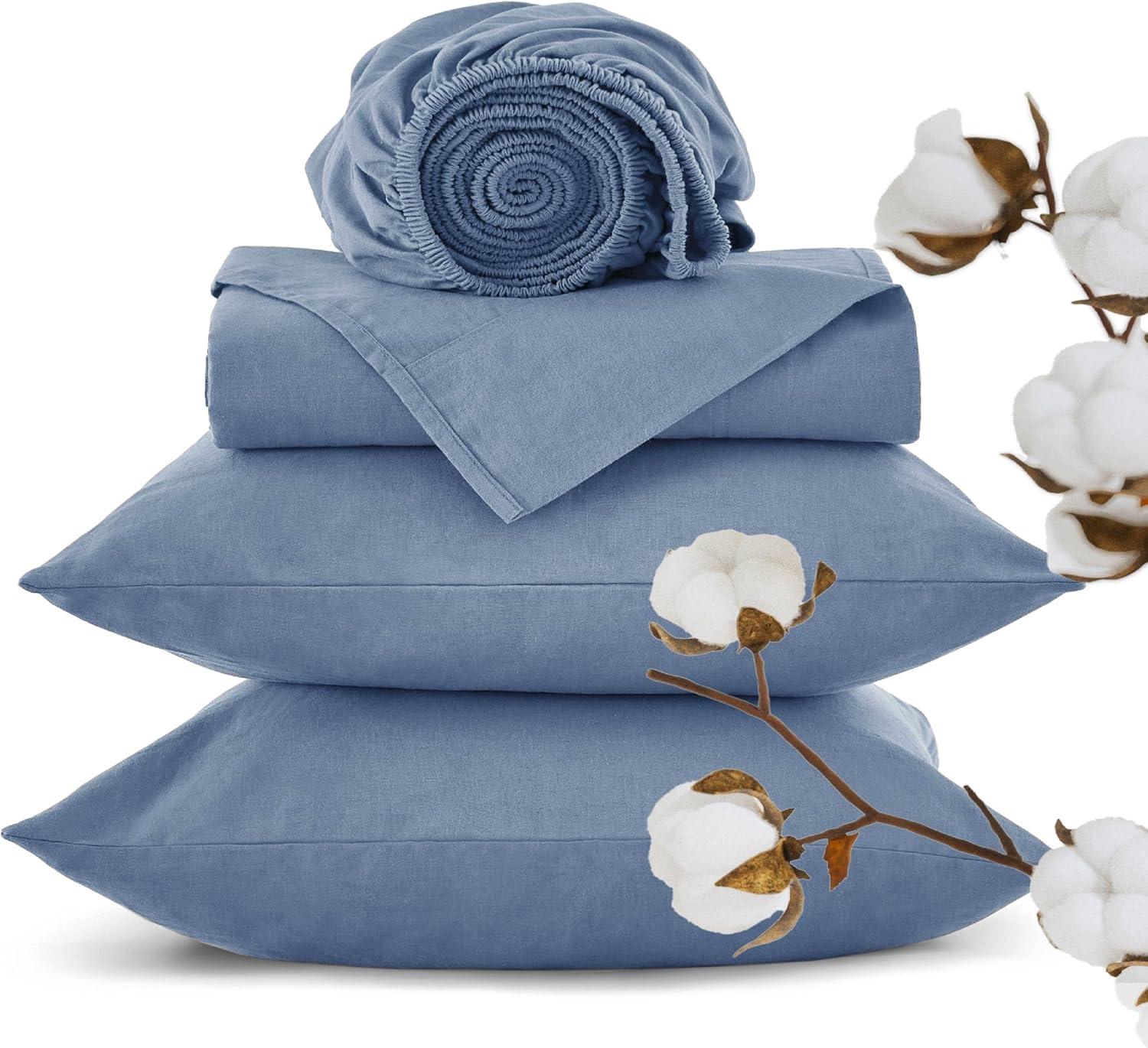 imageBedsure Linen Sheets Queen Sheet Set Blend from Linen Cotton Bedsheets Breathable Durable and AntiPilling Sheets Queen Size Bed Set Up to 16 Inches 4 Pieces Khaki07 Blue