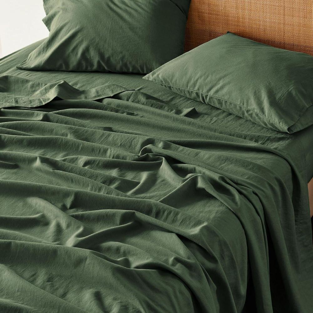 imageBedsure Linen Sheets Queen Sheet Set Blend from Linen Cotton Bedsheets Breathable Durable and AntiPilling Sheets Queen Size Bed Set Up to 16 Inches 4 Pieces Khaki06 Olive Green