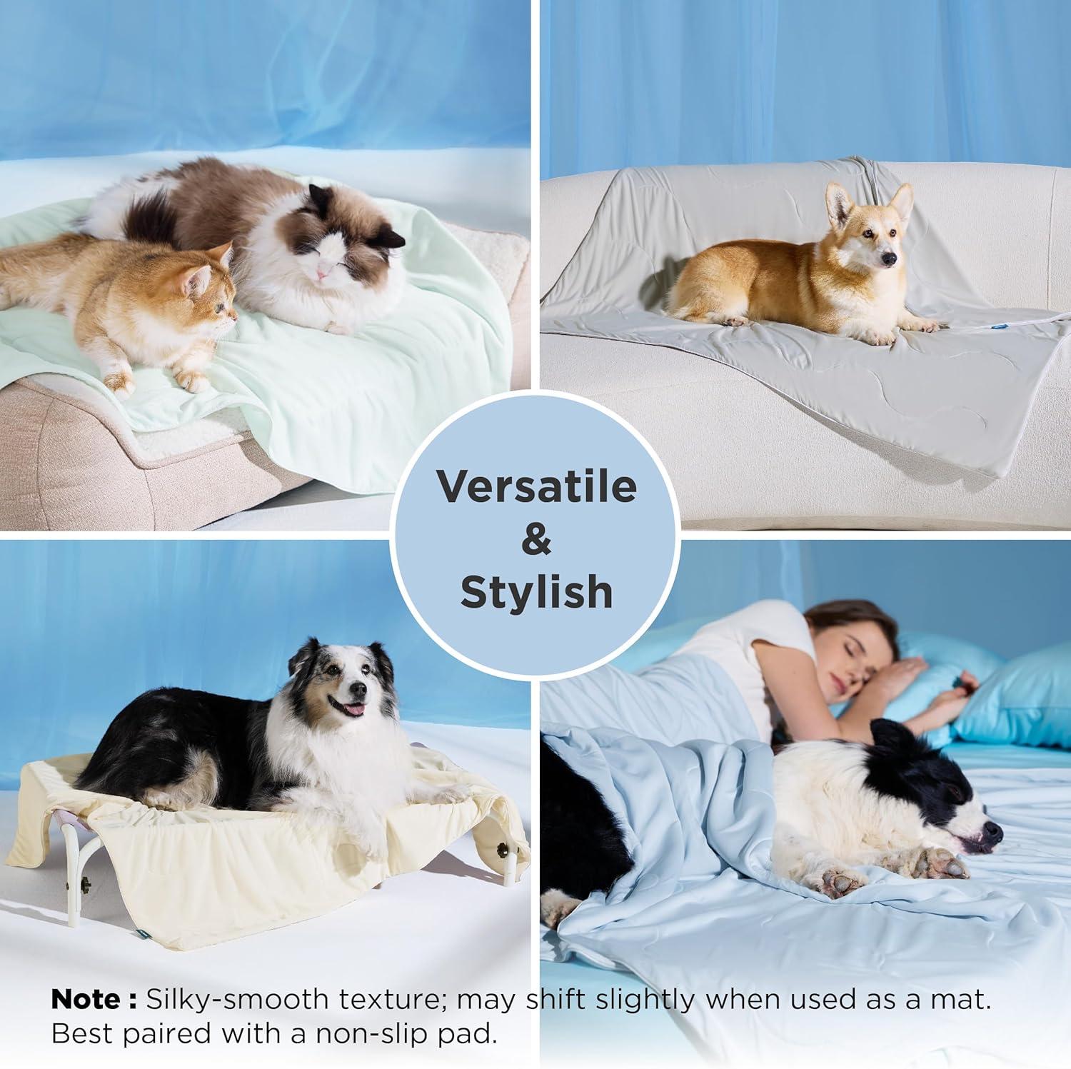 imageBedsure Cooling Blanket for Small Dogs with Breathable AirCore Fill QMAXgt04 Dog Cooling Mat Soft Lightweight Pet Cat Throw Cold Blanket Washable for Summer Arctic Blue 25x35Pearl Grey