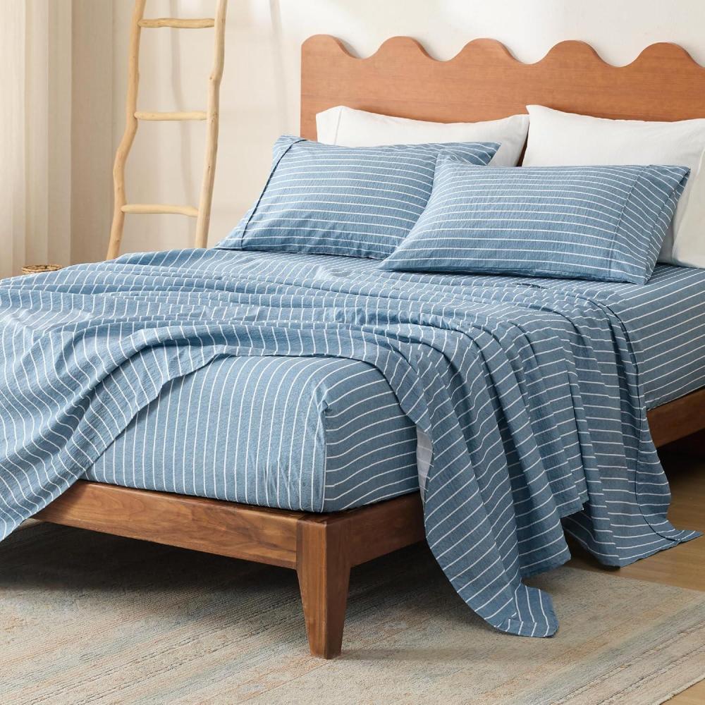 imageBedsure Queen Sheets Set Fits Mattresses Up to 16 Deep 4 Piece Breathable Bed Sheets Imitation Cotton Textured Jacquard Bedding Sheet Set Bedsheet amp PillowcasesWhiteStriped Dark Blue