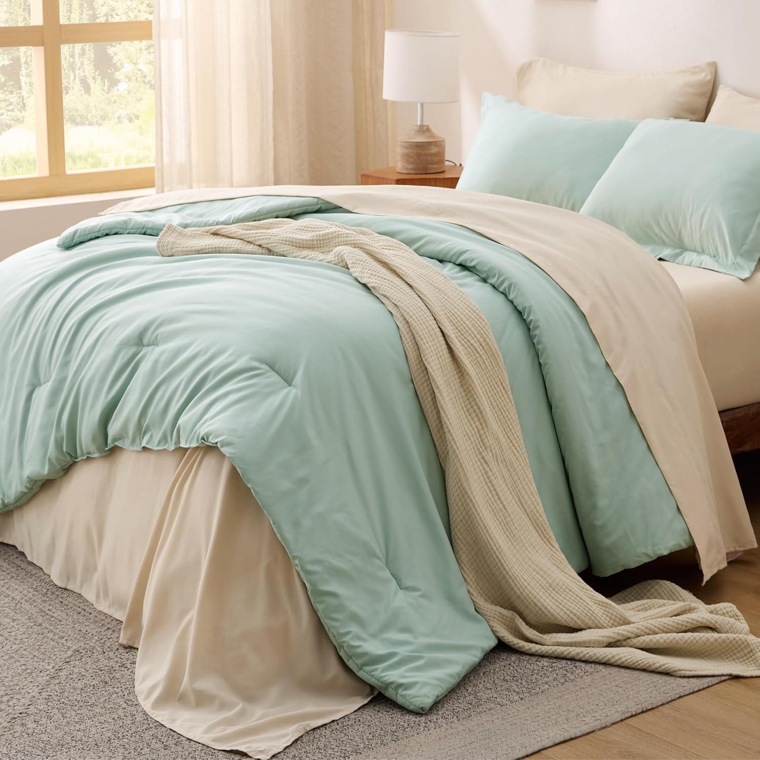 imageBedsure Twin XL Comforter Set Extra Long 5 Pieces Beige Twin XL Bedding Set for All Seasons Boho Contrasting Design Bed in a Bag with Comforter Sheets Pillowcase amp Sham01 Sage GreenBeige