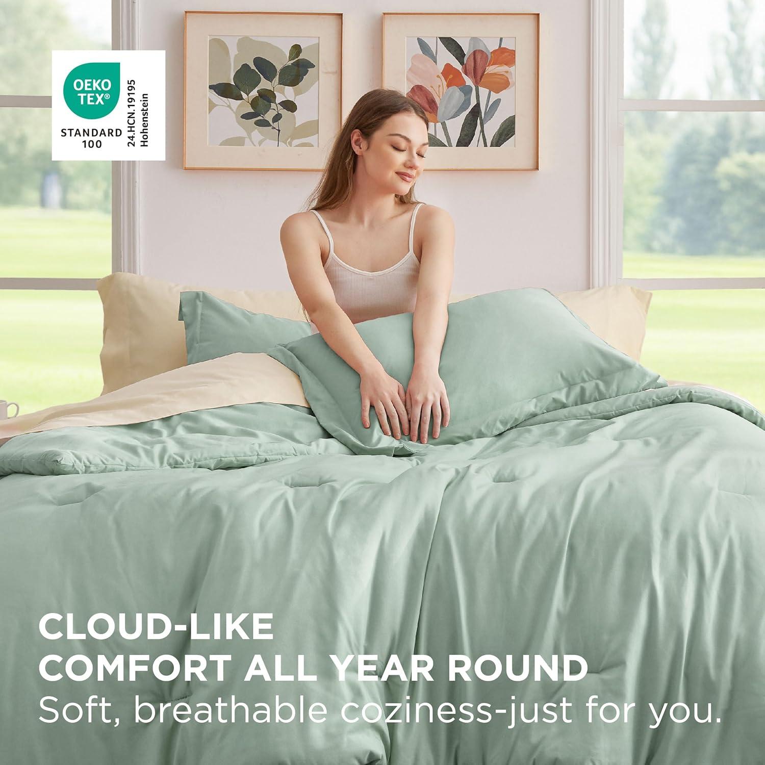 imageBedsure Twin XL Comforter Set Extra Long 5 Pieces Beige Twin XL Bedding Set for All Seasons Boho Contrasting Design Bed in a Bag with Comforter Sheets Pillowcase amp Sham01 Sage GreenBeige