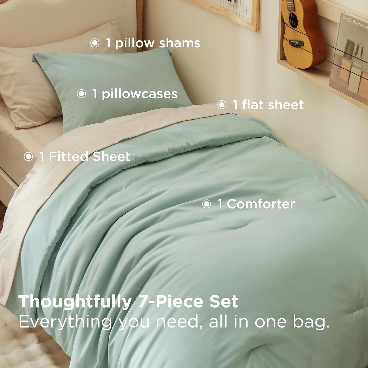 imageBedsure Twin XL Comforter Set Extra Long 5 Pieces Beige Twin XL Bedding Set for All Seasons Boho Contrasting Design Bed in a Bag with Comforter Sheets Pillowcase amp Sham01 Sage GreenBeige