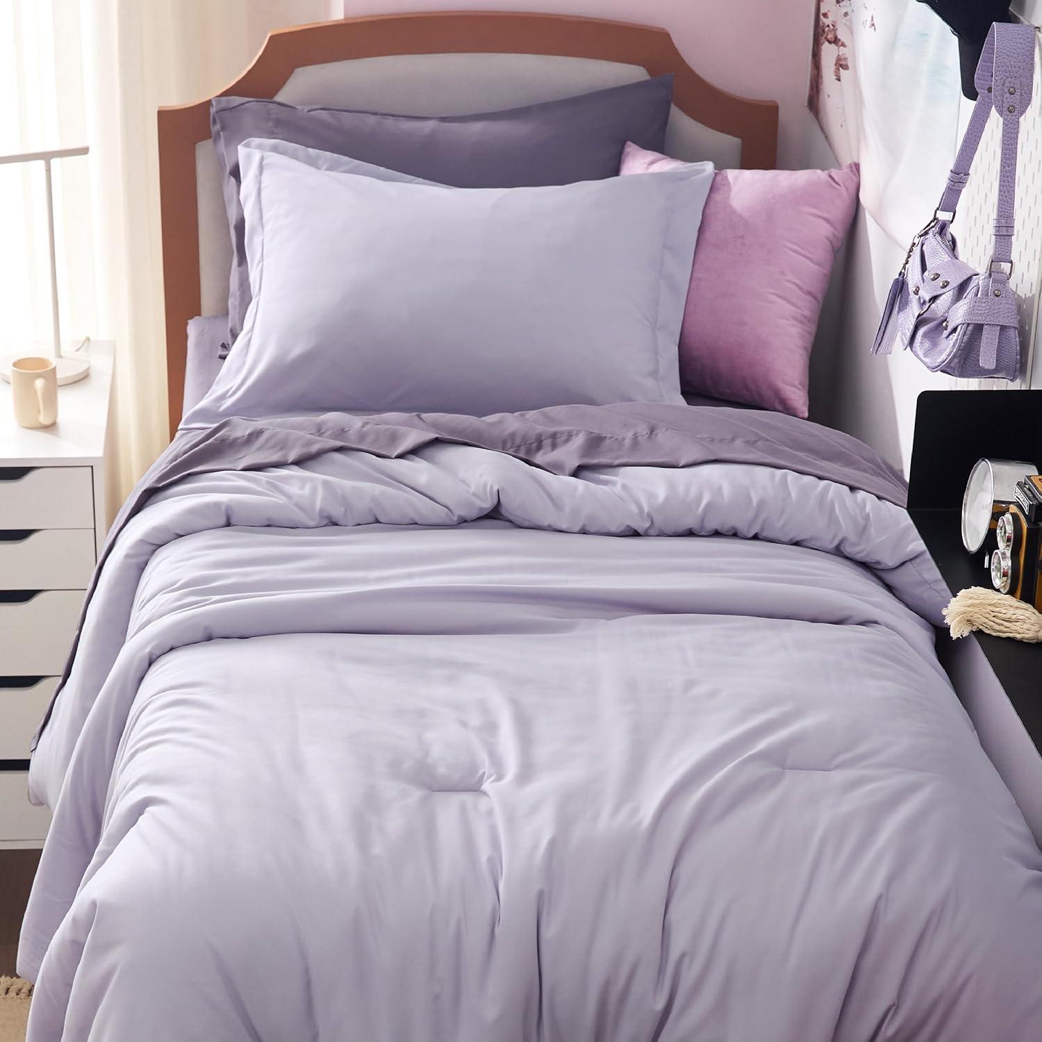 imageBedsure Twin XL Comforter Set Extra Long 5 Pieces Beige Twin XL Bedding Set for All Seasons Boho Contrasting Design Bed in a Bag with Comforter Sheets Pillowcase amp Sham09 LavenderGrayish Purple
