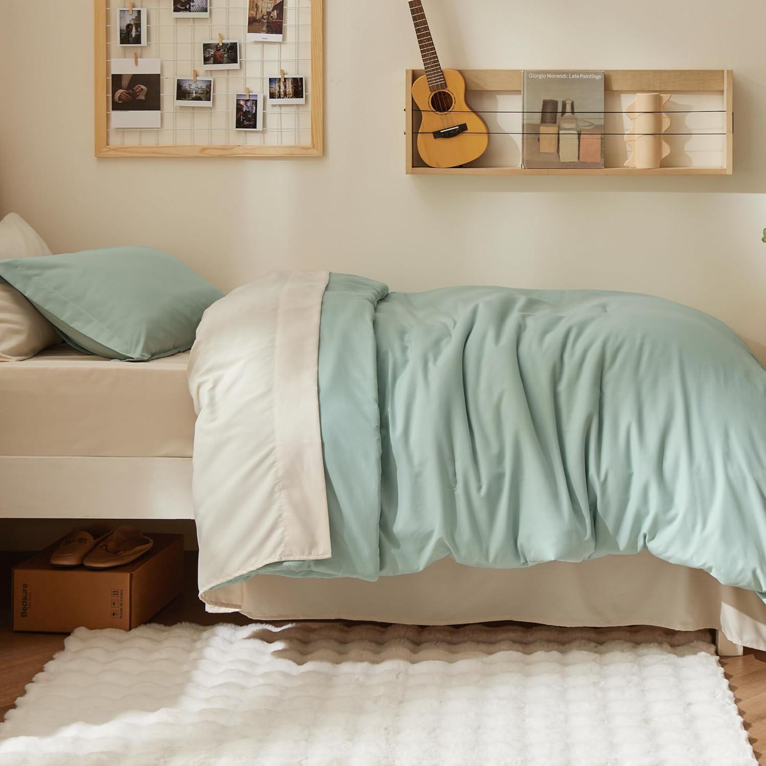 imageBedsure Twin XL Comforter Set Extra Long 5 Pieces Beige Twin XL Bedding Set for All Seasons Boho Contrasting Design Bed in a Bag with Comforter Sheets Pillowcase amp Sham01 Sage GreenBeige