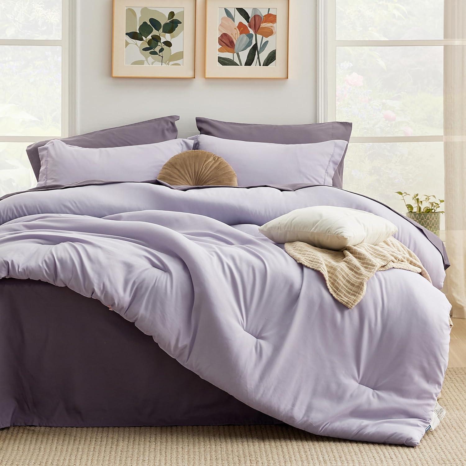 imageBedsure Twin XL Comforter Set Extra Long 5 Pieces Beige Twin XL Bedding Set for All Seasons Boho Contrasting Design Bed in a Bag with Comforter Sheets Pillowcase amp Sham09 LavenderGrayish Purple