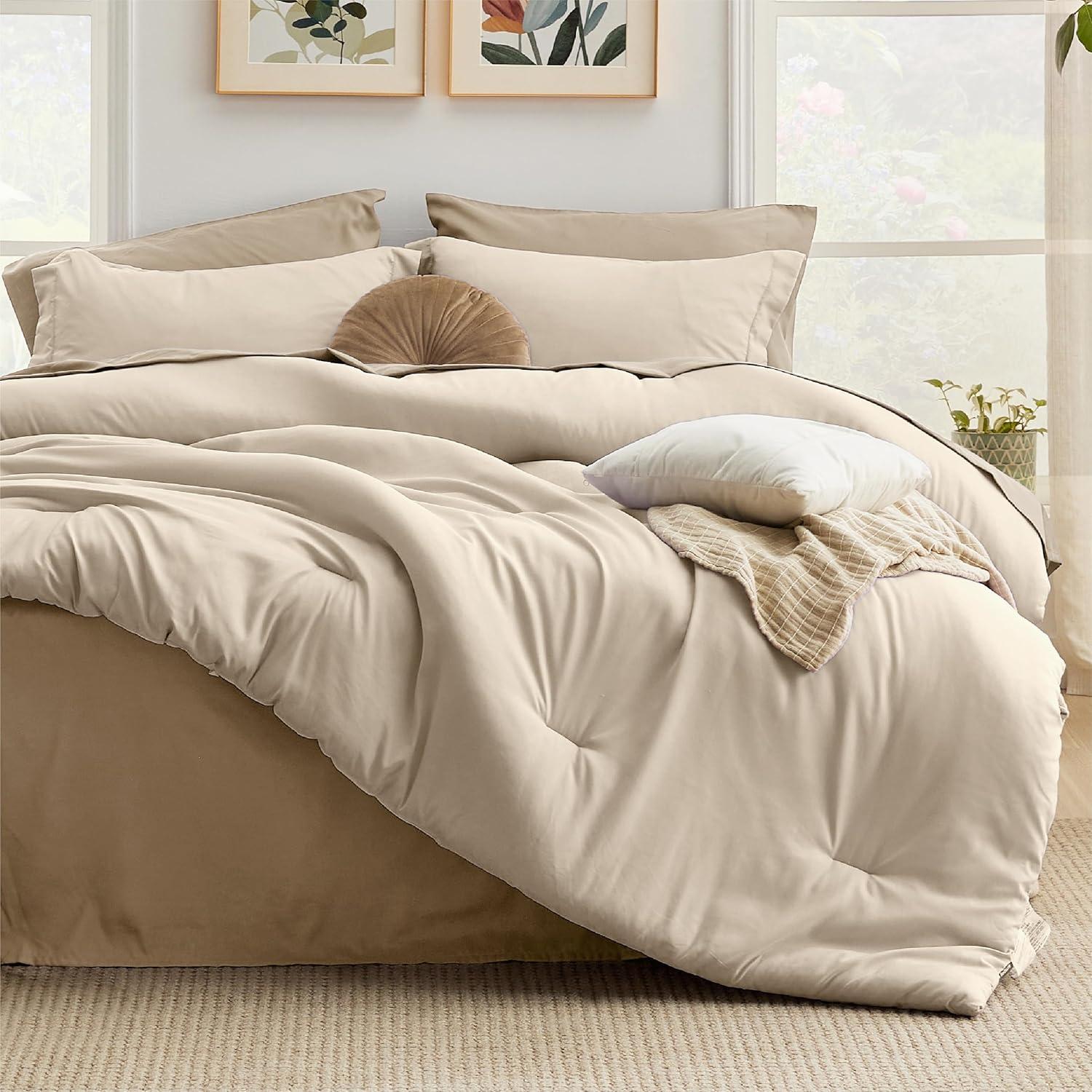 imageBedsure Twin XL Comforter Set Extra Long 5 Pieces Beige Twin XL Bedding Set for All Seasons Boho Contrasting Design Bed in a Bag with Comforter Sheets Pillowcase amp Sham16 Light BeigeKhaki