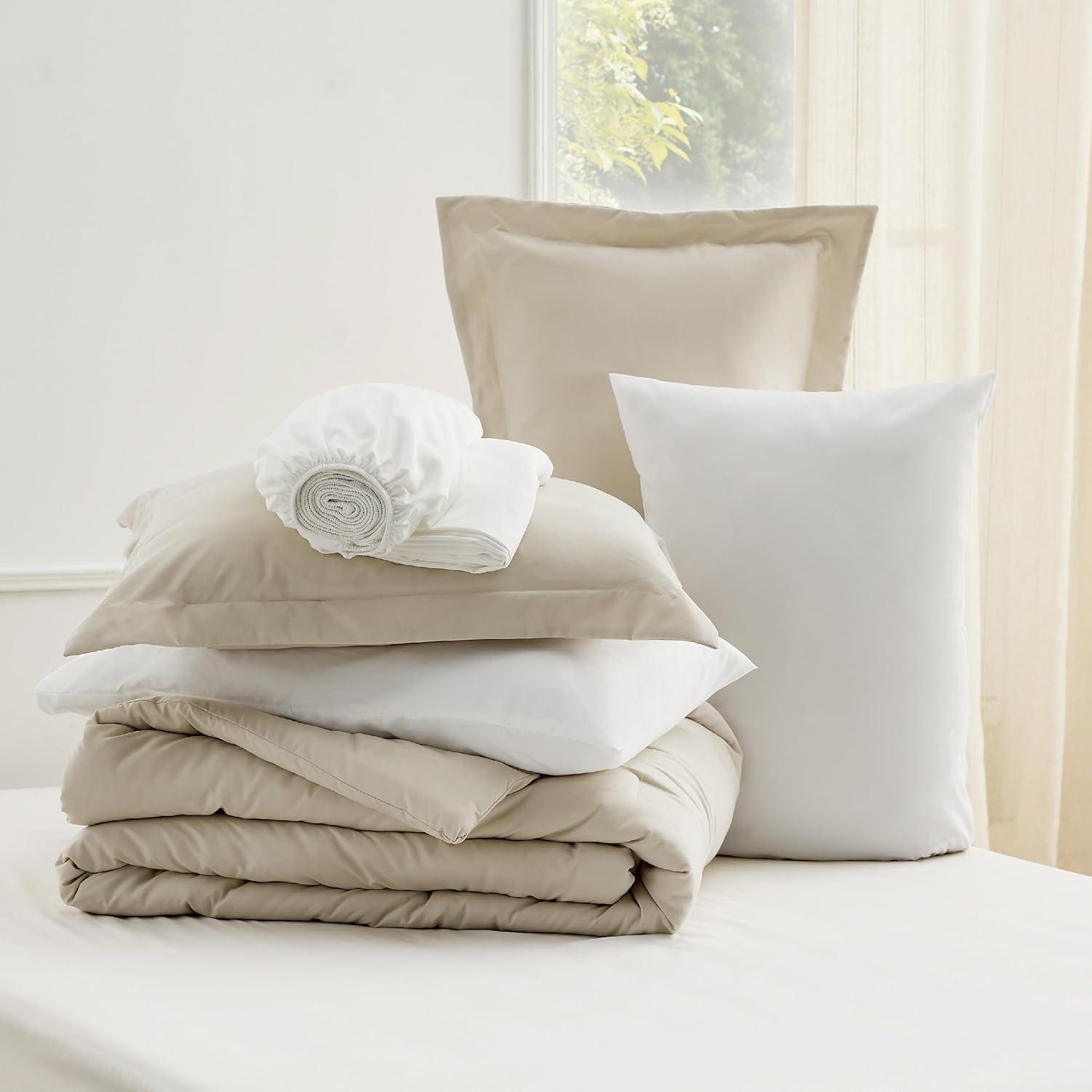 imageBedsure Twin XL Comforter Set Extra Long 5 Pieces Beige Twin XL Bedding Set for All Seasons Boho Contrasting Design Bed in a Bag with Comforter Sheets Pillowcase amp Sham02 BeigeWhite