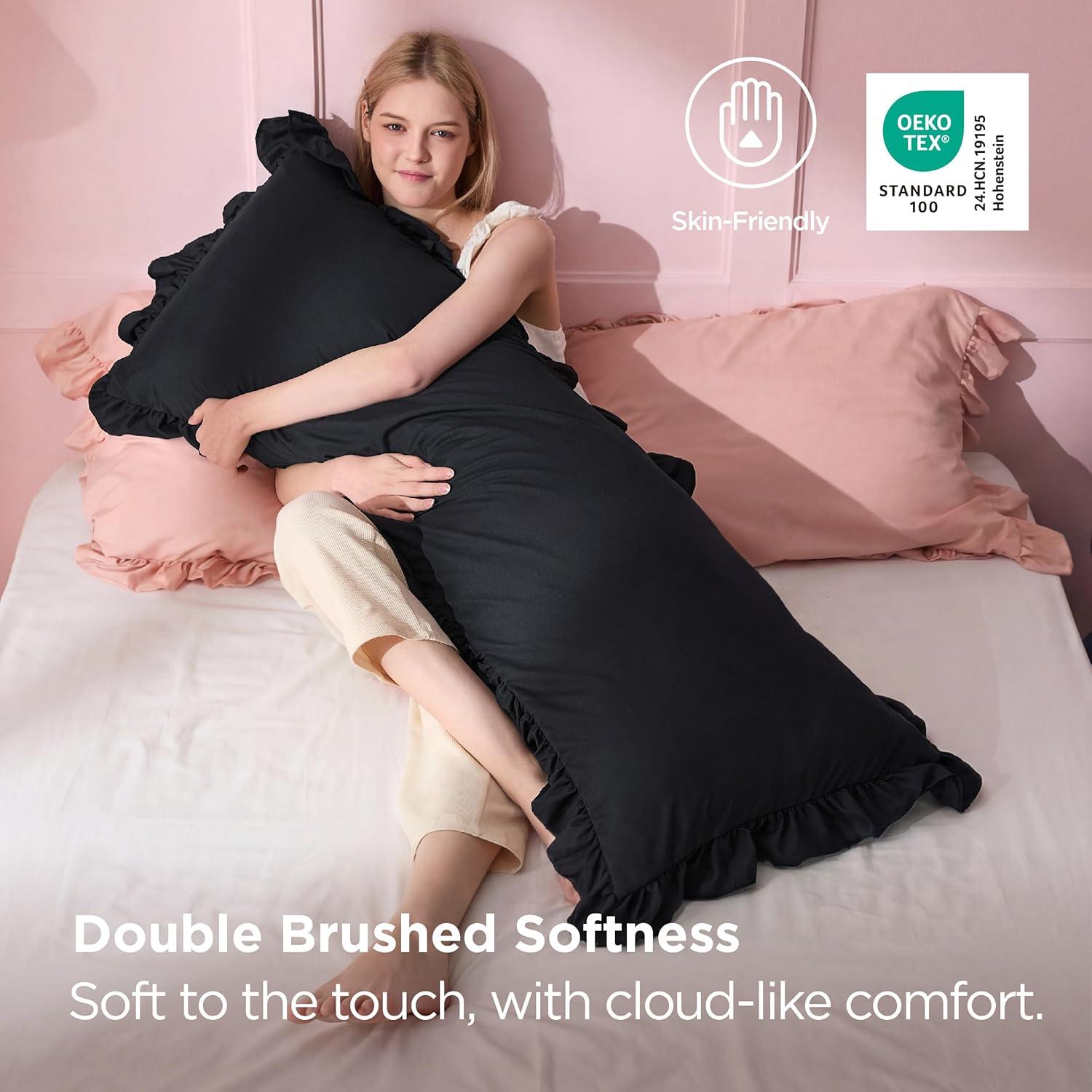 imageBedsure White Ruffle Pillow Cases Pillow Shams Standard Size Set of 2 Double Brushed Microfiber Ruffled Pillow Covers with Envelope Closure 20 x 2602 Black