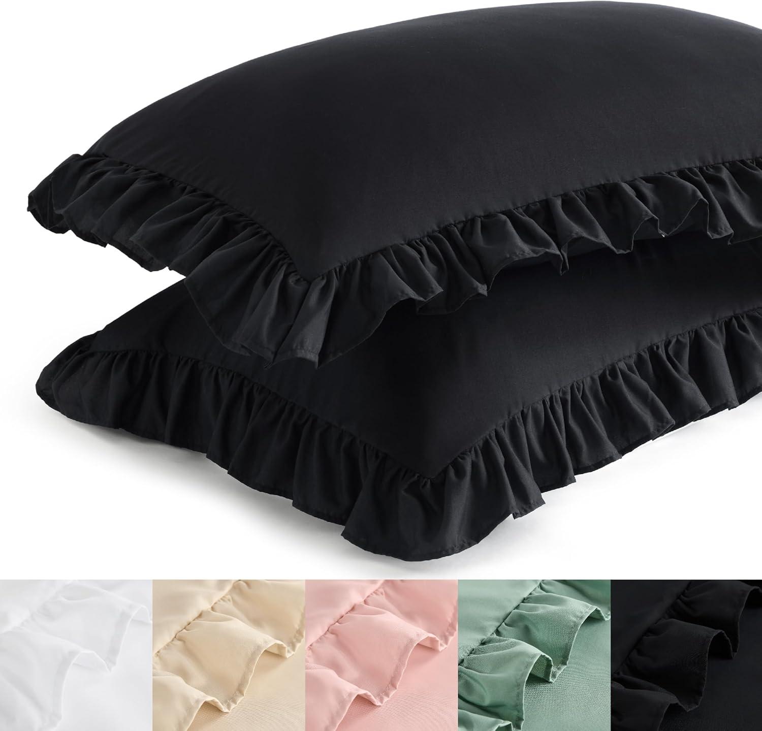 imageBedsure White Ruffle Pillow Cases Pillow Shams Standard Size Set of 2 Double Brushed Microfiber Ruffled Pillow Covers with Envelope Closure 20 x 2602 Black
