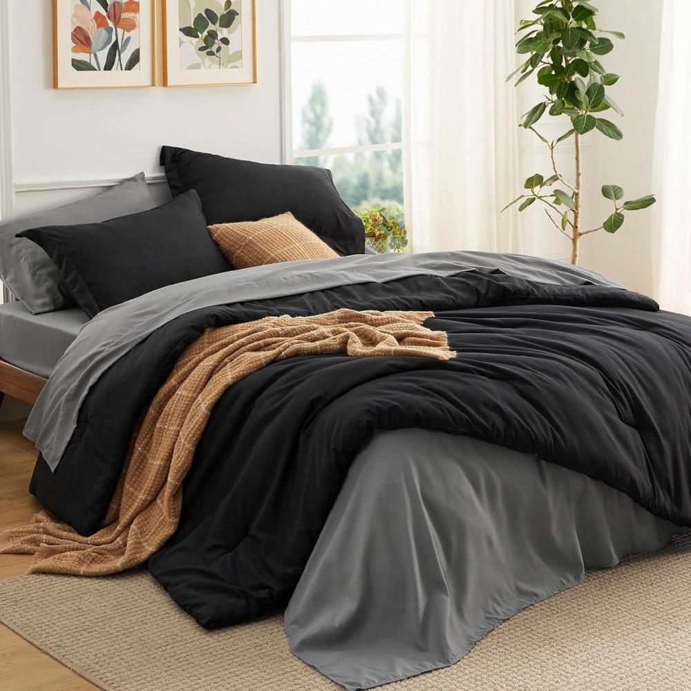 imageBedsure Twin XL Comforter Set Extra Long 5 Pieces Beige Twin XL Bedding Set for All Seasons Boho Contrasting Design Bed in a Bag with Comforter Sheets Pillowcase amp Sham06 BlackDark Grey