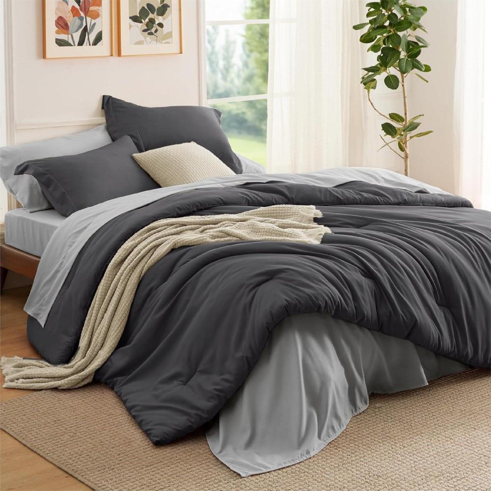 imageBedsure Twin XL Comforter Set Extra Long 5 Pieces Black Twin XL Bedding Set for All Seasons Boho Contrasting Design Bed in a Bag with Comforter Sheets Pillowcase amp Sham15 Dark GreyGrey