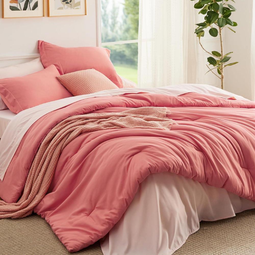 imageBedsure Twin XL Comforter Set Extra Long 5 Pieces Black Twin XL Bedding Set for All Seasons Boho Contrasting Design Bed in a Bag with Comforter Sheets Pillowcase amp Sham13 CoralPink