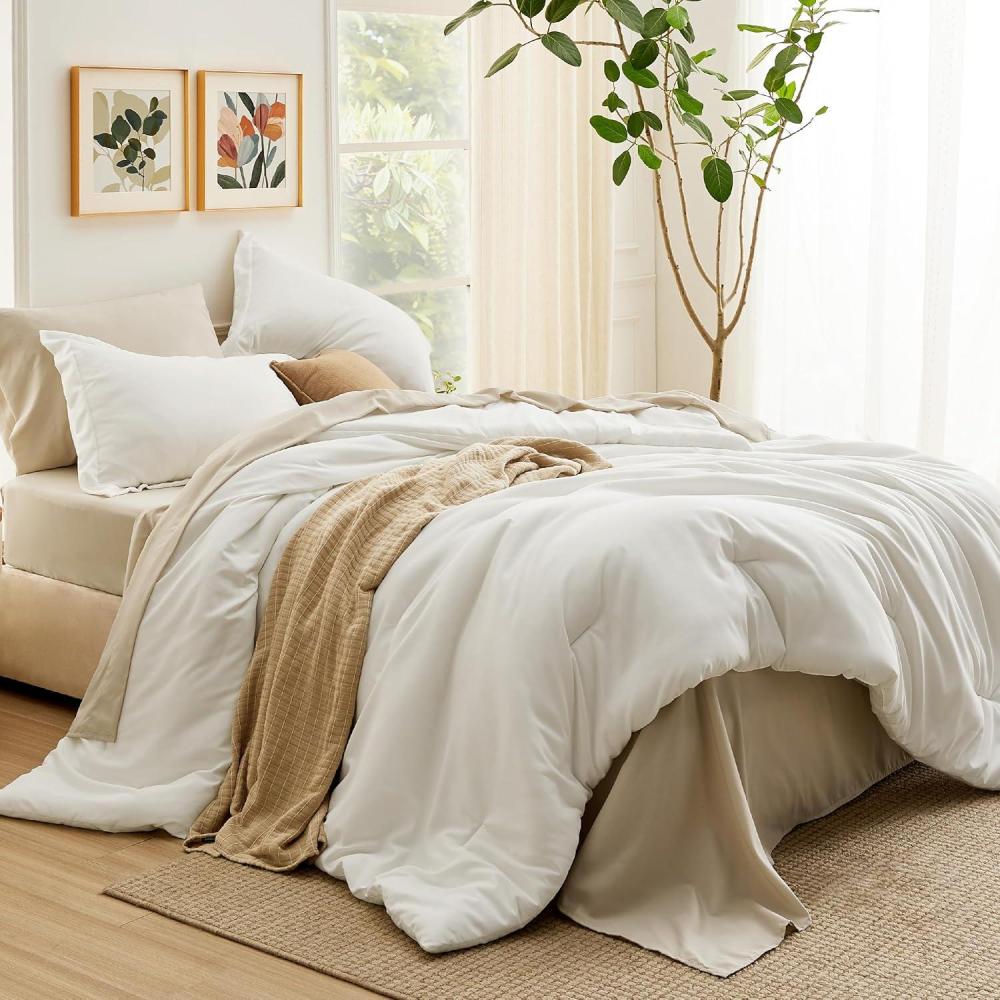 imageBedsure Twin XL Comforter Set Extra Long 5 Pieces Black Twin XL Bedding Set for All Seasons Boho Contrasting Design Bed in a Bag with Comforter Sheets Pillowcase amp Sham03 WhiteBeige