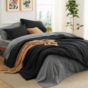Bedsure Twin XL Comforter Set – Extra Long 5 Pieces Beige Twin XL Bedding Set for All Seasons, Boho Contrasting Design Bed in a Bag with Comforter, Sheets, Pillowcase & Sham(06 – Black/Dark Grey)