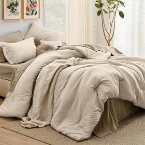 Bedsure Twin XL Comforter Set – Extra Long 5 Pieces Beige Twin XL Bedding Set for All Seasons, Boho Contrasting Design Bed in a Bag with Comforter, Sheets, Pillowcase & Sham(16 – Light Beige/Khaki)