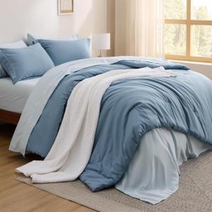 Bedsure Twin XL Comforter Set – Extra Long 5 Pieces Black Twin XL Bedding Set for All Seasons, Boho Contrasting Design Bed in a Bag with Comforter, Sheets, Pillowcase & Sham(04 – Grayish Blue/Baby Blue)