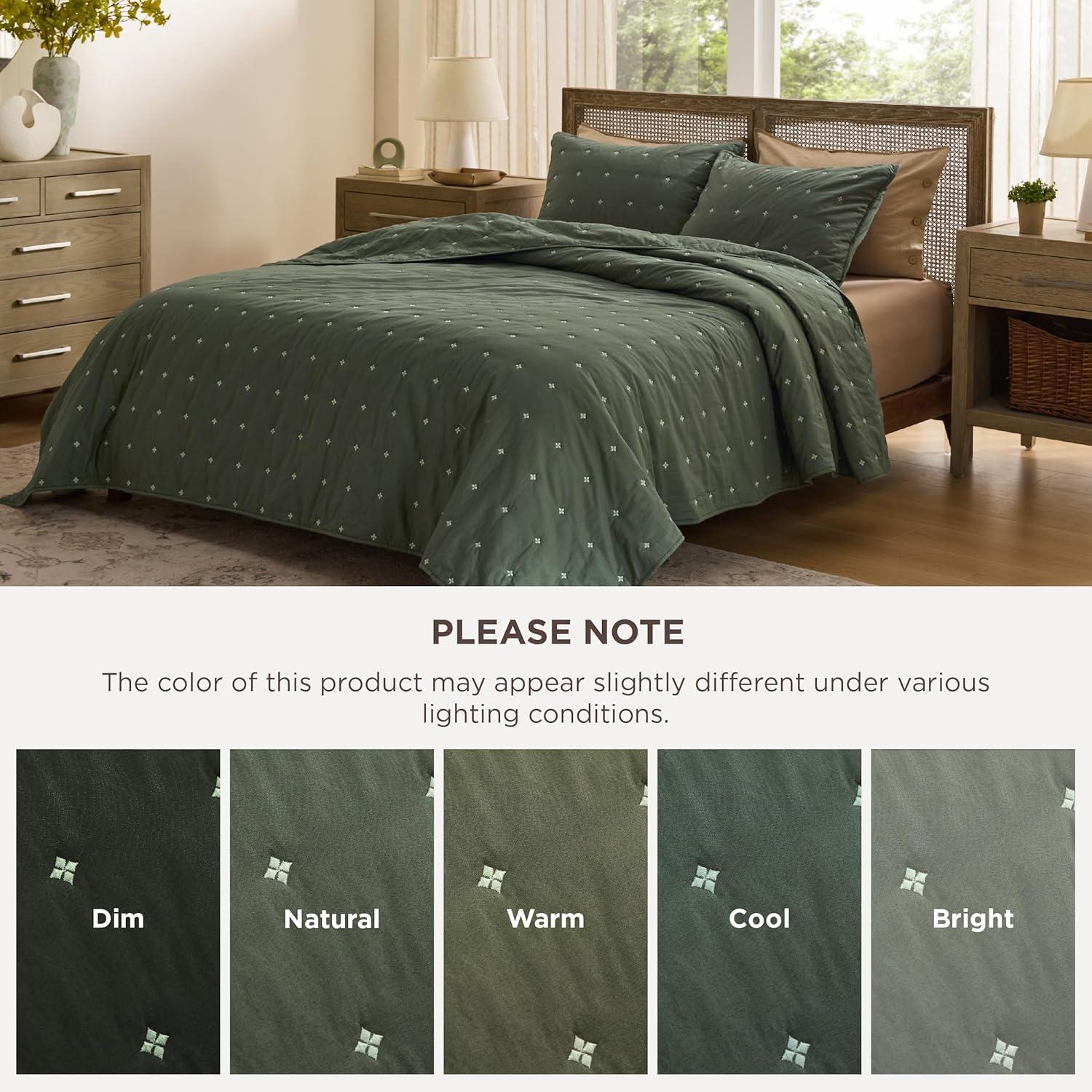 imageBedsure 100 Cotton Quilt Set Queen Size Bedspread Lightweight Soft Bed Coverlet PureWoven 3Piece Cozy Stitching Comforter with 2 Pillow Shams in Embroidery Clover Pattern 90x96 inches White05 Olive Green Four Leaf Clover