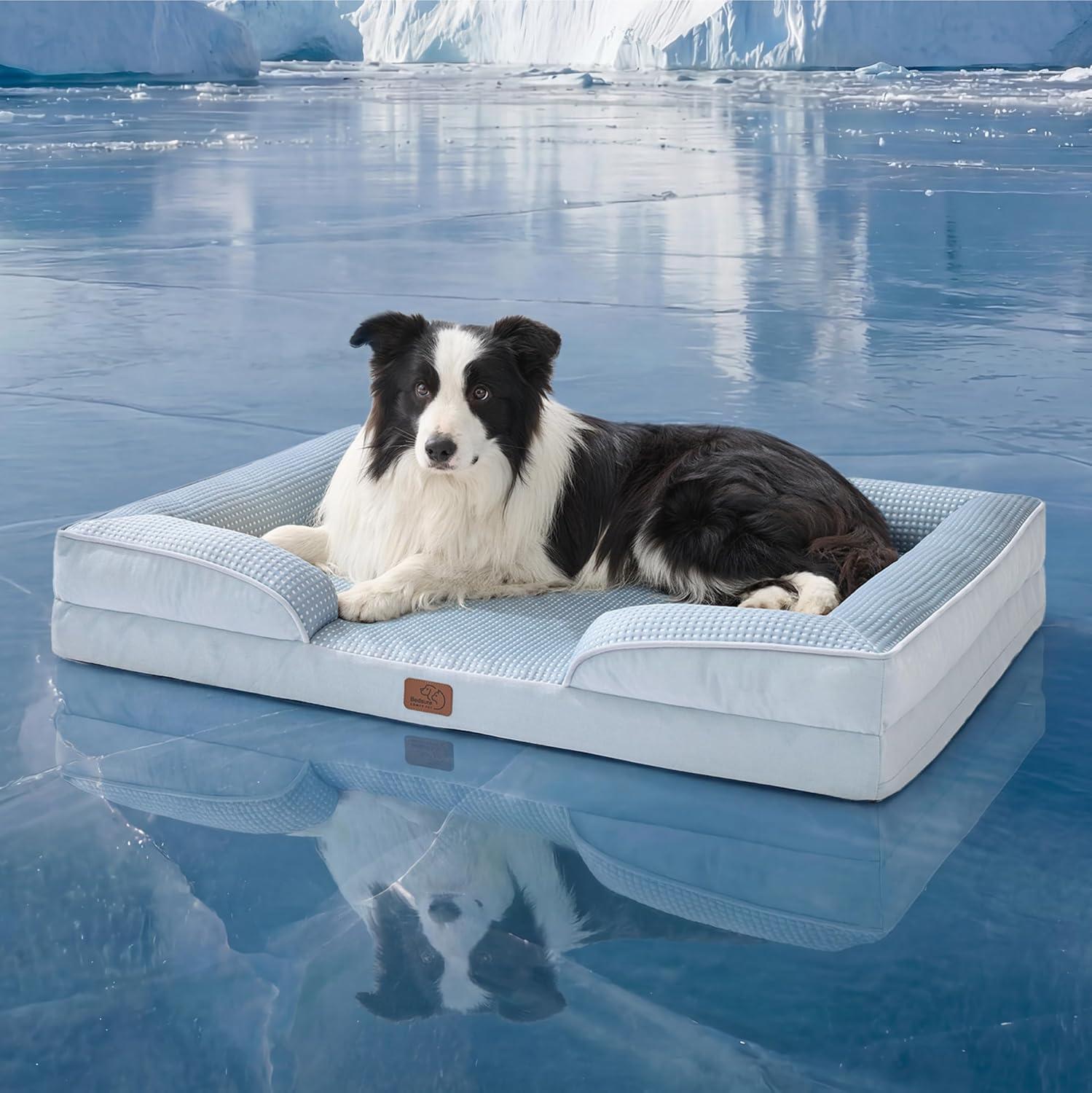imageBedsure L Plus Cooling Dog Bed for Large Dogs Orthopedic Dog Cat Cooling Bed Washable Big Comfort Dogs Couch Sofa with Waterproof Removable Cover Pet Bed with Nonskid Bottom Cooling Blue 38Cooling Blue