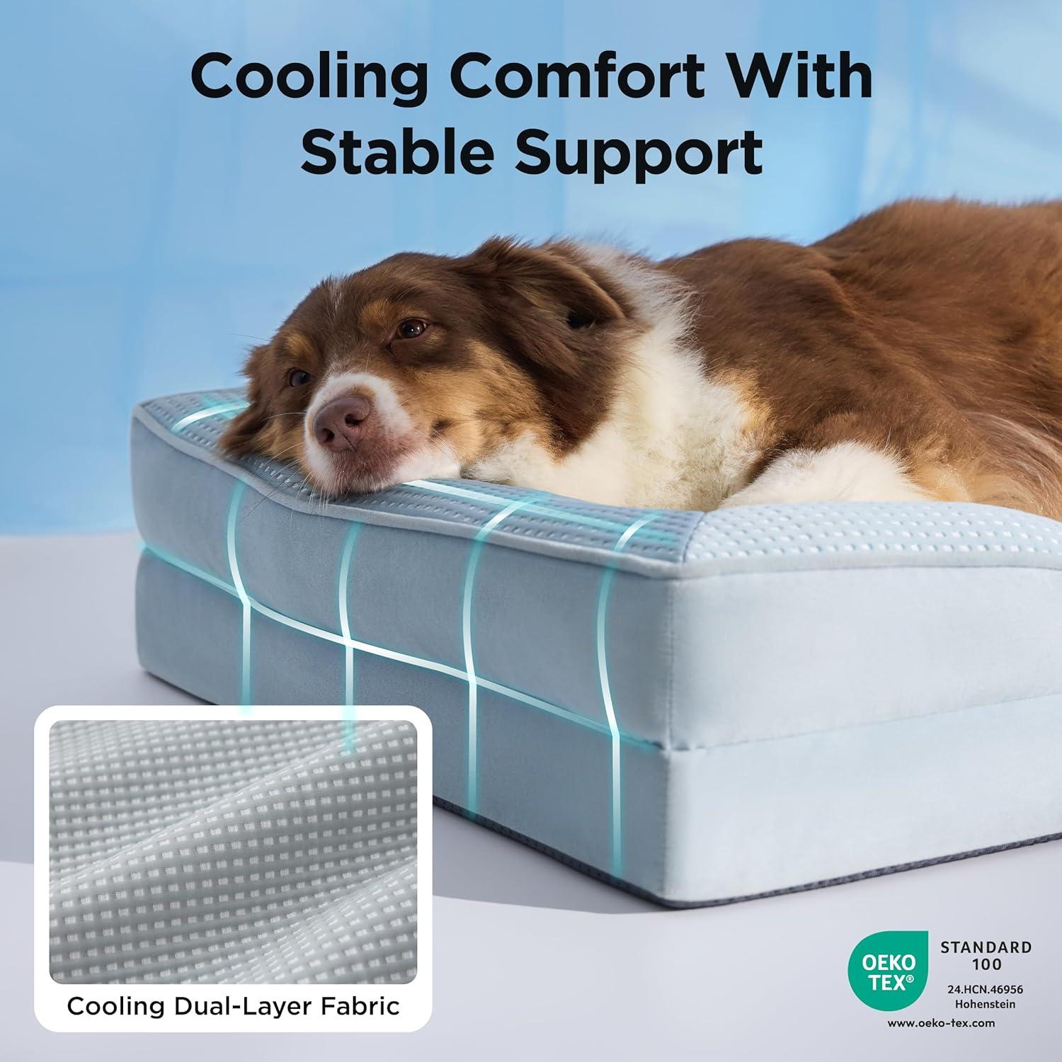 imageBedsure L Plus Cooling Dog Bed for Large Dogs Orthopedic Dog Cat Cooling Bed Washable Big Comfort Dogs Couch Sofa with Waterproof Removable Cover Pet Bed with Nonskid Bottom Cooling Blue 38Cooling Blue