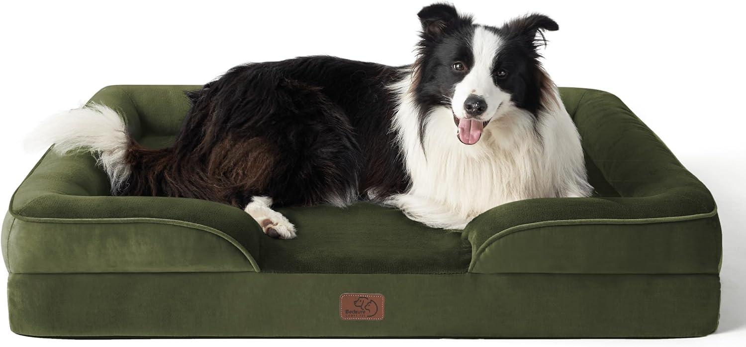 imageBedsure L Plus Cooling Dog Bed for Large Dogs Orthopedic Dog Cat Cooling Bed Washable Big Comfort Dogs Couch Sofa with Waterproof Removable Cover Pet Bed with Nonskid Bottom Cooling Blue 38Moss Green