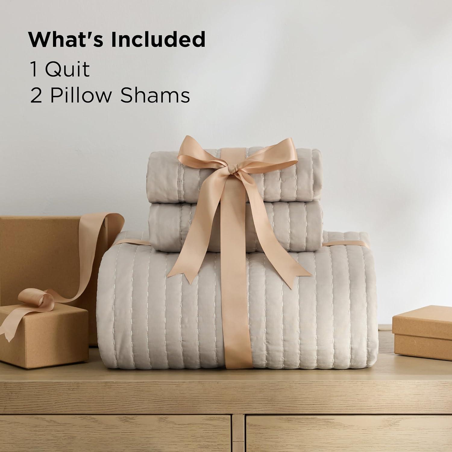 imageBedsure Navy Quilts Queen Size Queen Quilt Bedding Set Bedspread Coverlet Lightweight Neutral Striped Bedding 3Piece Set with 90x96 Coverlet amp 2 Pillow Shams AllSeason Soft Microfiber01 Light Beige Solid Border