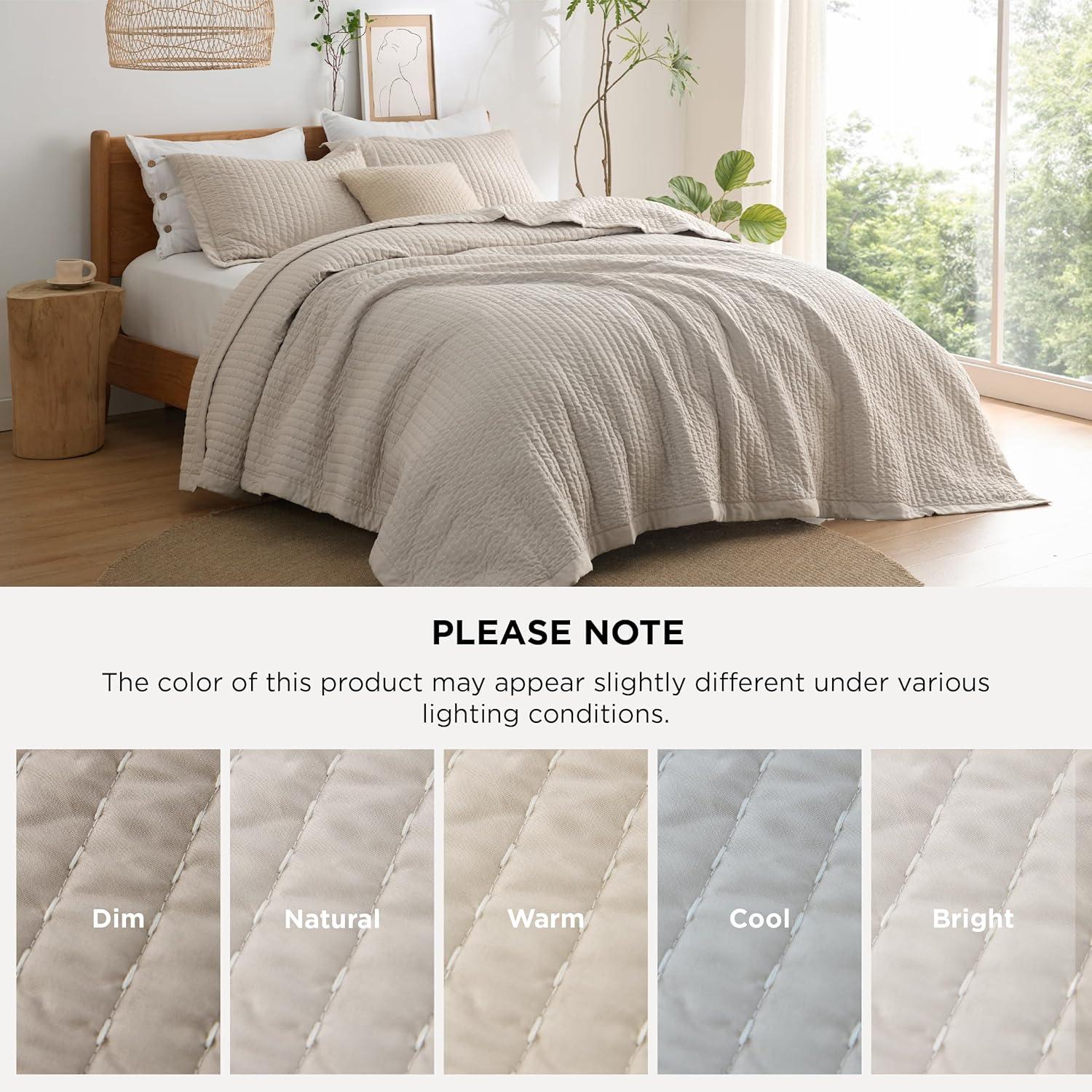 imageBedsure Navy Quilts Queen Size Queen Quilt Bedding Set Bedspread Coverlet Lightweight Neutral Striped Bedding 3Piece Set with 90x96 Coverlet amp 2 Pillow Shams AllSeason Soft Microfiber01 Light Beige Solid Border