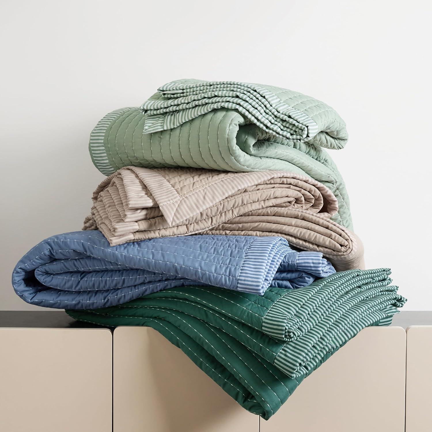 imageBedsure Navy Quilts Queen Size Queen Quilt Bedding Set Bedspread Coverlet Lightweight Neutral Striped Bedding 3Piece Set with 90x96 Coverlet amp 2 Pillow Shams AllSeason Soft Microfiber10 Green Contrast Border