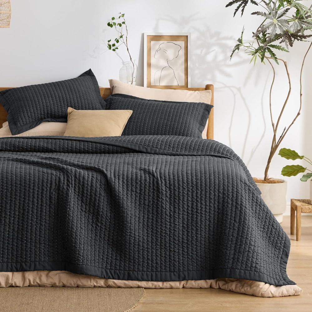 imageBedsure Navy Quilts Queen Size Queen Quilt Bedding Set Bedspread Coverlet Lightweight Neutral Striped Bedding 3Piece Set with 90x96 Coverlet amp 2 Pillow Shams AllSeason Soft Microfiber05 Black Solid Border