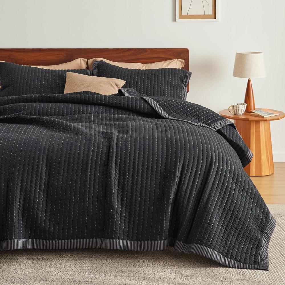 imageBedsure Navy Quilts Queen Size Queen Quilt Bedding Set Bedspread Coverlet Lightweight Neutral Striped Bedding 3Piece Set with 90x96 Coverlet amp 2 Pillow Shams AllSeason Soft Microfiber11 Black Contrast Border