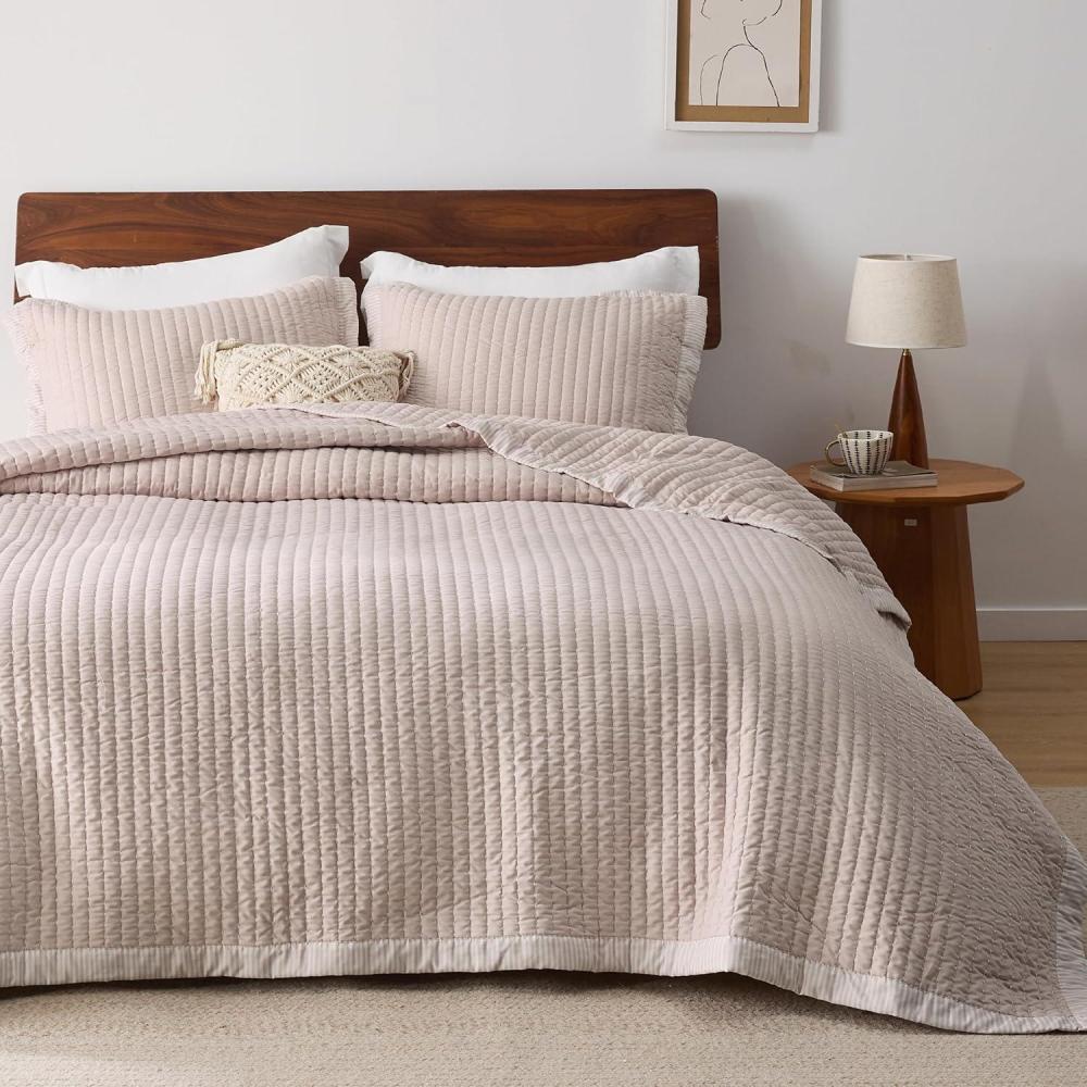 imageBedsure Navy Quilts Queen Size Queen Quilt Bedding Set Bedspread Coverlet Lightweight Neutral Striped Bedding 3Piece Set with 90x96 Coverlet amp 2 Pillow Shams AllSeason Soft Microfiber12 Sepia Rose Contrast Border
