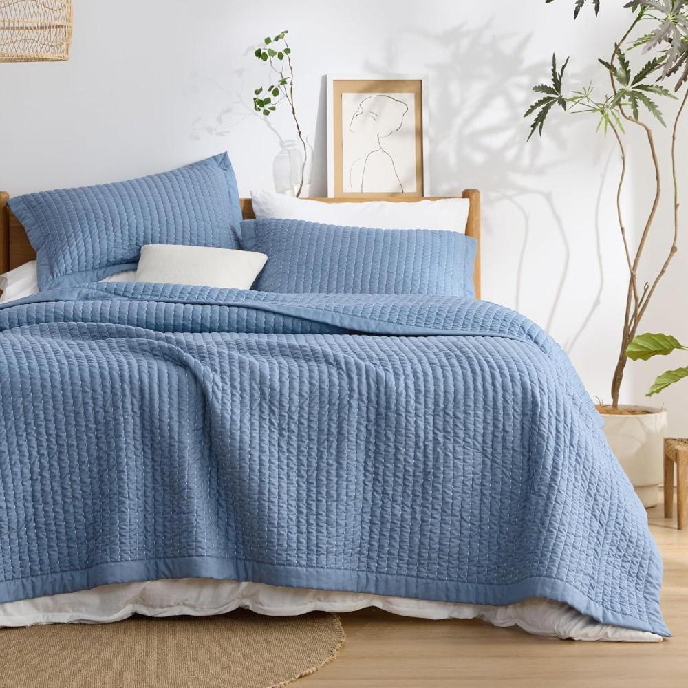 imageBedsure Navy Quilts Queen Size  Queen Quilt Bedding Set Bedspread Coverlet Lightweight Neutral Striped Bedding 3Piece Set with 90x96 Coverlet amp 2 Pillow Shams AllSeason Soft Microfiber03  Blue Solid Border