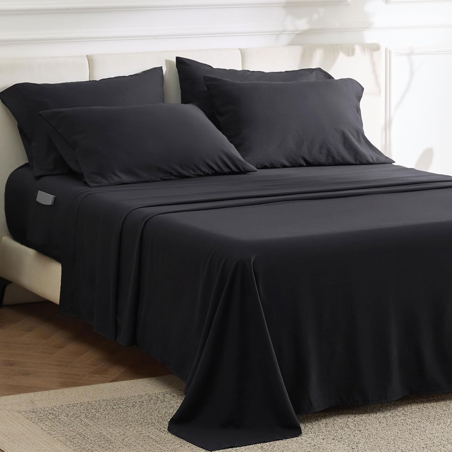 image:imageBedsure Deep Pocket Twin Sheets 4 Piece Prewashed UltraSoft Twin Sheets Set Fits Mattresses Up to 18 Inches Thick Breathable amp Secure Fit Hotel Luxury Bedding Olive GreenBlack