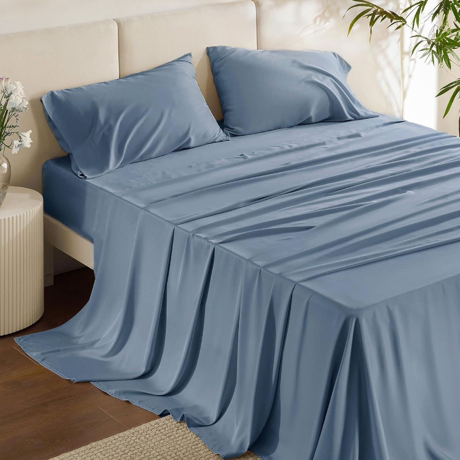 image:imageBedsure Queen Sheet Set Rayon Derived from Bamboo Cooling Sheets PureWoven Breathable amp Soft Deep Pocket Up to 16 Inches Hotel Luxury Silky Bedding for Hot Sleepers Coffee05 Dusty Blue