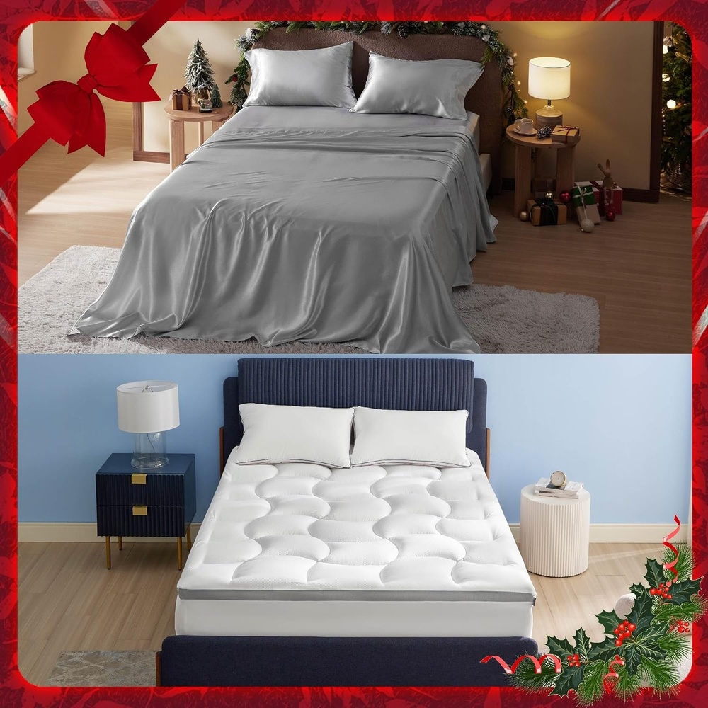 image:imageBedsure Satin Sheets Grey Full Bundle Mattress Topper 800GSM