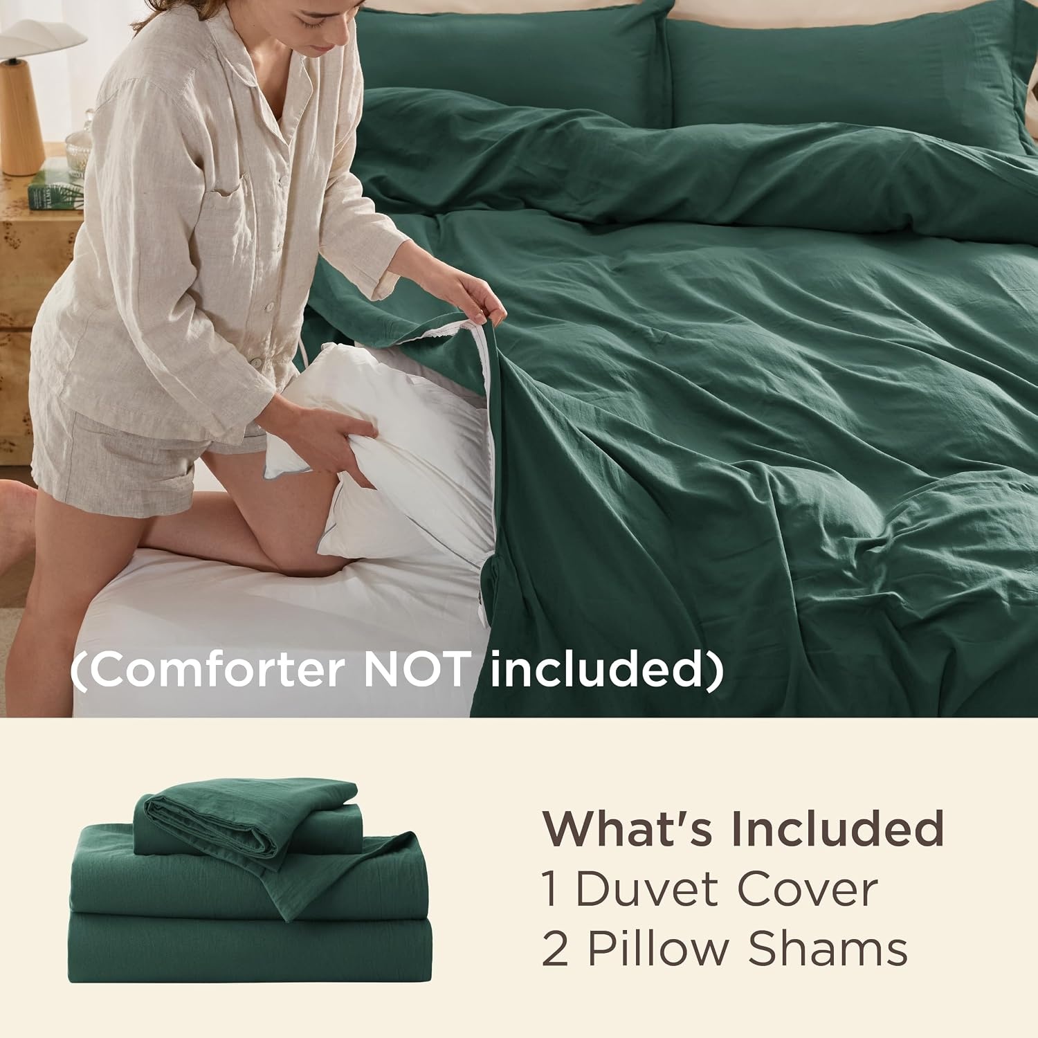 image:imageBedsure Duvet Cover Queen Size with Fitted Sheet 4 Pieces Prewashed Polyester Soft Bedding Set Includes 1 Duvet Cover 90x90 with Zipper Closure 2 Pillow Shams 1 Fitted Sheet Bright White01 Forest Green No Comforter