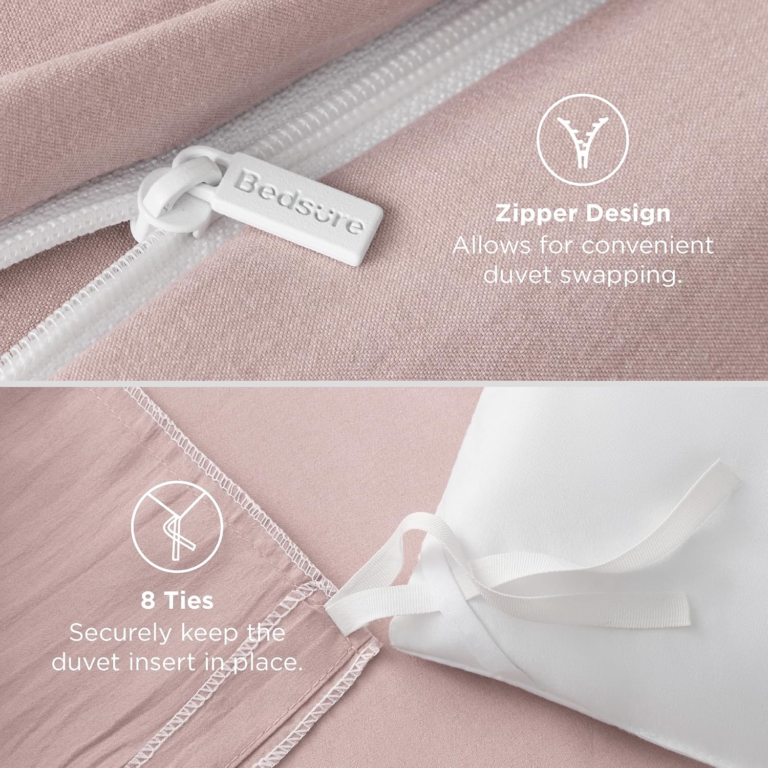 image:imageBedsure Duvet Cover Queen Size with Fitted Sheet 4 Pieces Prewashed Polyester Soft Bedding Set Includes 1 Duvet Cover 90x90 with Zipper Closure 2 Pillow Shams 1 Fitted Sheet Bright White01 Rose Pink No Comforter