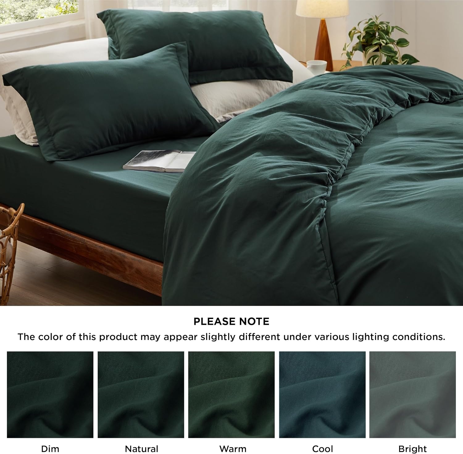 image:imageBedsure Duvet Cover Queen Size with Fitted Sheet 4 Pieces Prewashed Polyester Soft Bedding Set Includes 1 Duvet Cover 90x90 with Zipper Closure 2 Pillow Shams 1 Fitted Sheet Bright White01 Forest Green No Comforter
