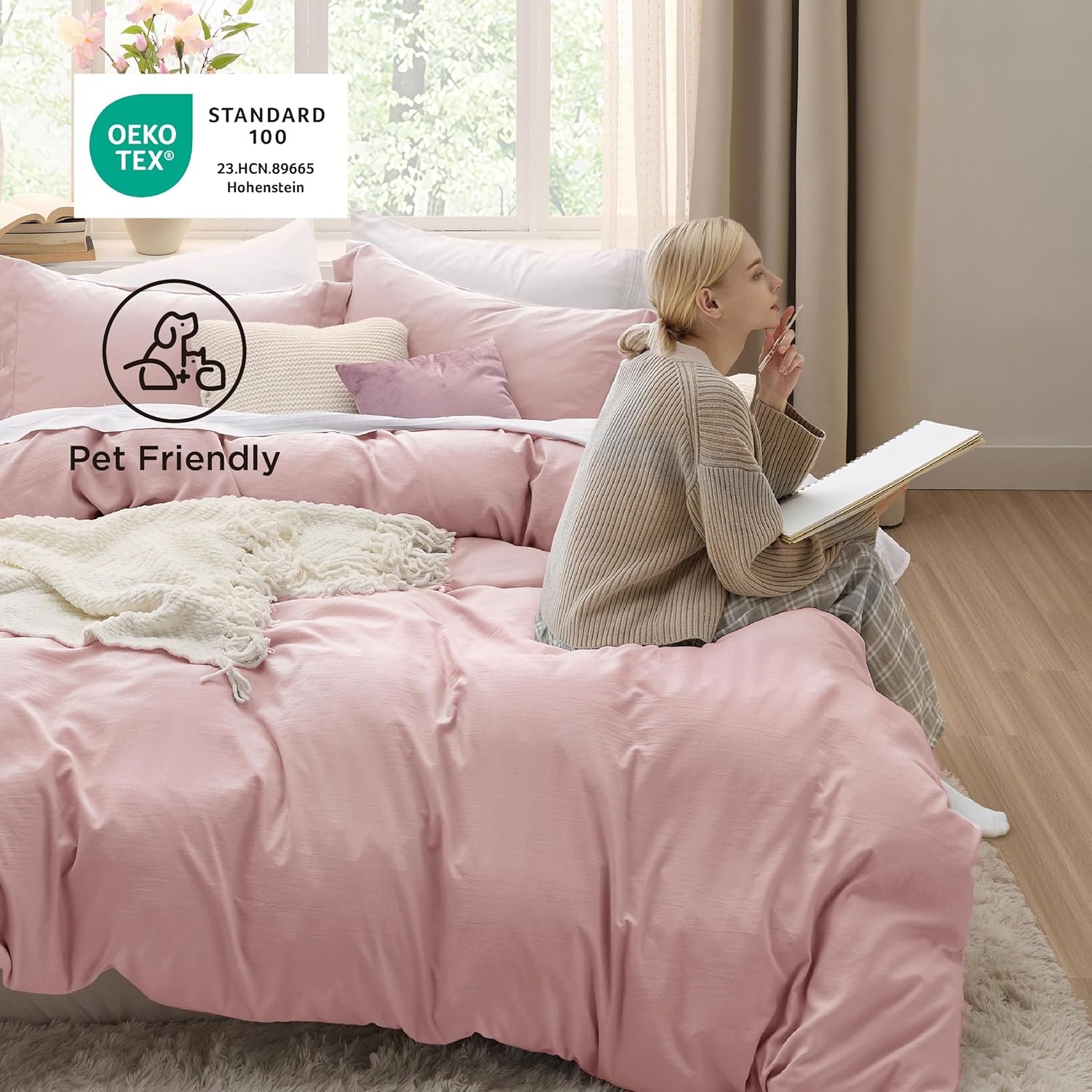 image:imageBedsure Duvet Cover Queen Size with Fitted Sheet 4 Pieces Prewashed Polyester Soft Bedding Set Includes 1 Duvet Cover 90x90 with Zipper Closure 2 Pillow Shams 1 Fitted Sheet Bright White09 Pink No Comforter