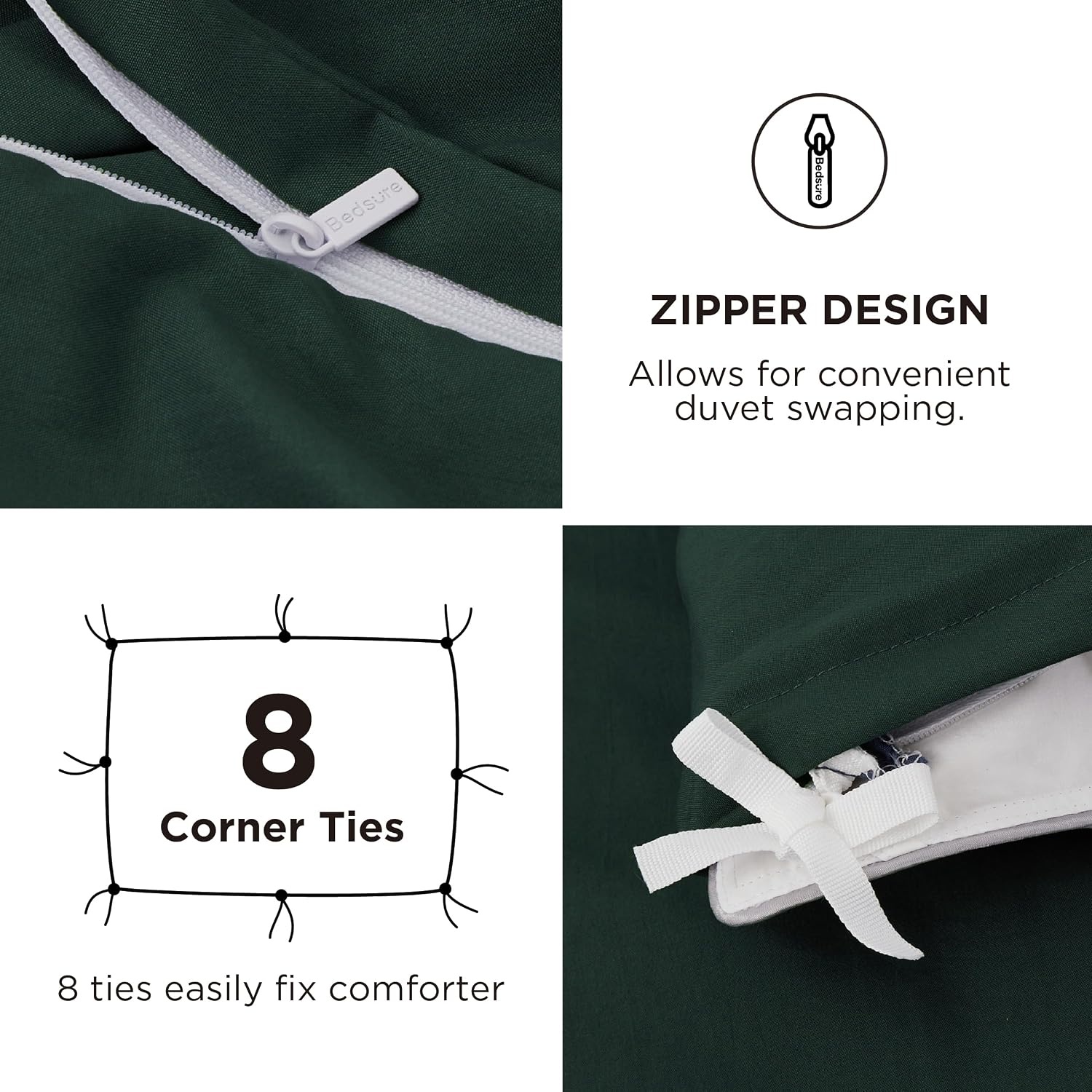 image:imageBedsure Duvet Cover Queen Size with Fitted Sheet 4 Pieces Prewashed Polyester Soft Bedding Set Includes 1 Duvet Cover 90x90 with Zipper Closure 2 Pillow Shams 1 Fitted Sheet Bright White01 Forest Green No Comforter