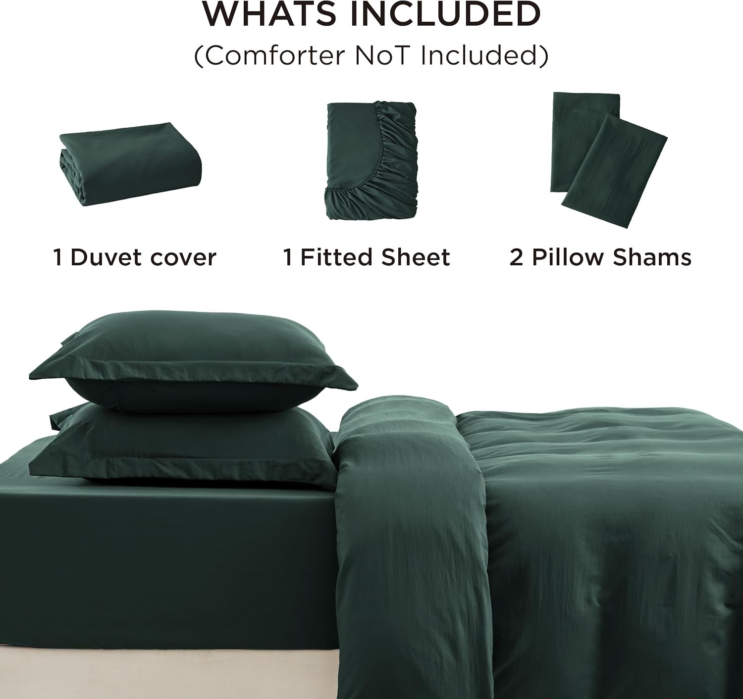 image:imageBedsure Duvet Cover Queen Size with Fitted Sheet 4 Pieces Prewashed Polyester Soft Bedding Set Includes 1 Duvet Cover 90x90 with Zipper Closure 2 Pillow Shams 1 Fitted Sheet Bright White01 Forest Green No Comforter