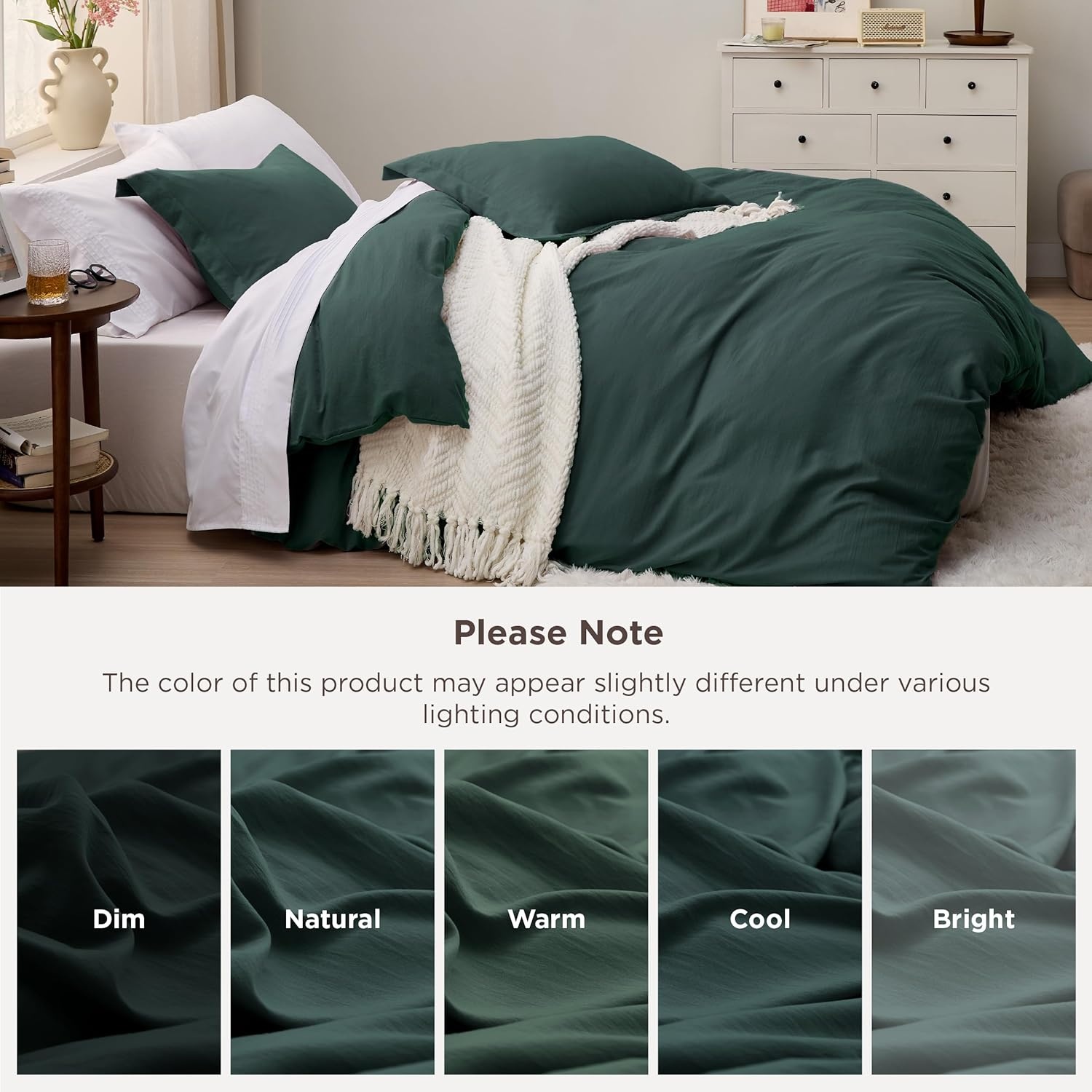 image:imageBedsure Duvet Cover Queen Size with Fitted Sheet 4 Pieces Prewashed Polyester Soft Bedding Set Includes 1 Duvet Cover 90x90 with Zipper Closure 2 Pillow Shams 1 Fitted Sheet Bright White01 Forest Green No Comforter