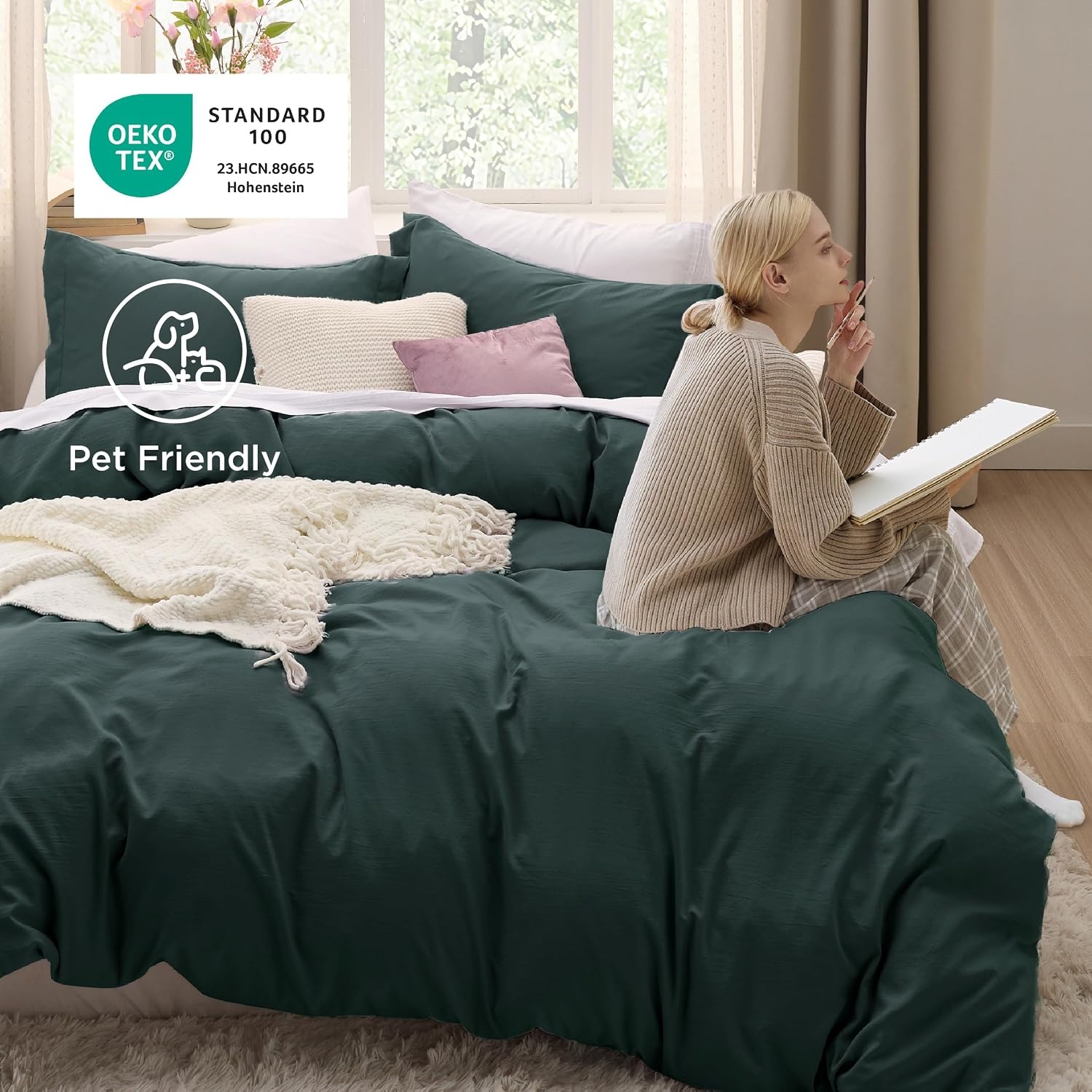 image:imageBedsure Duvet Cover Queen Size with Fitted Sheet 4 Pieces Prewashed Polyester Soft Bedding Set Includes 1 Duvet Cover 90x90 with Zipper Closure 2 Pillow Shams 1 Fitted Sheet Bright White01 Forest Green No Comforter