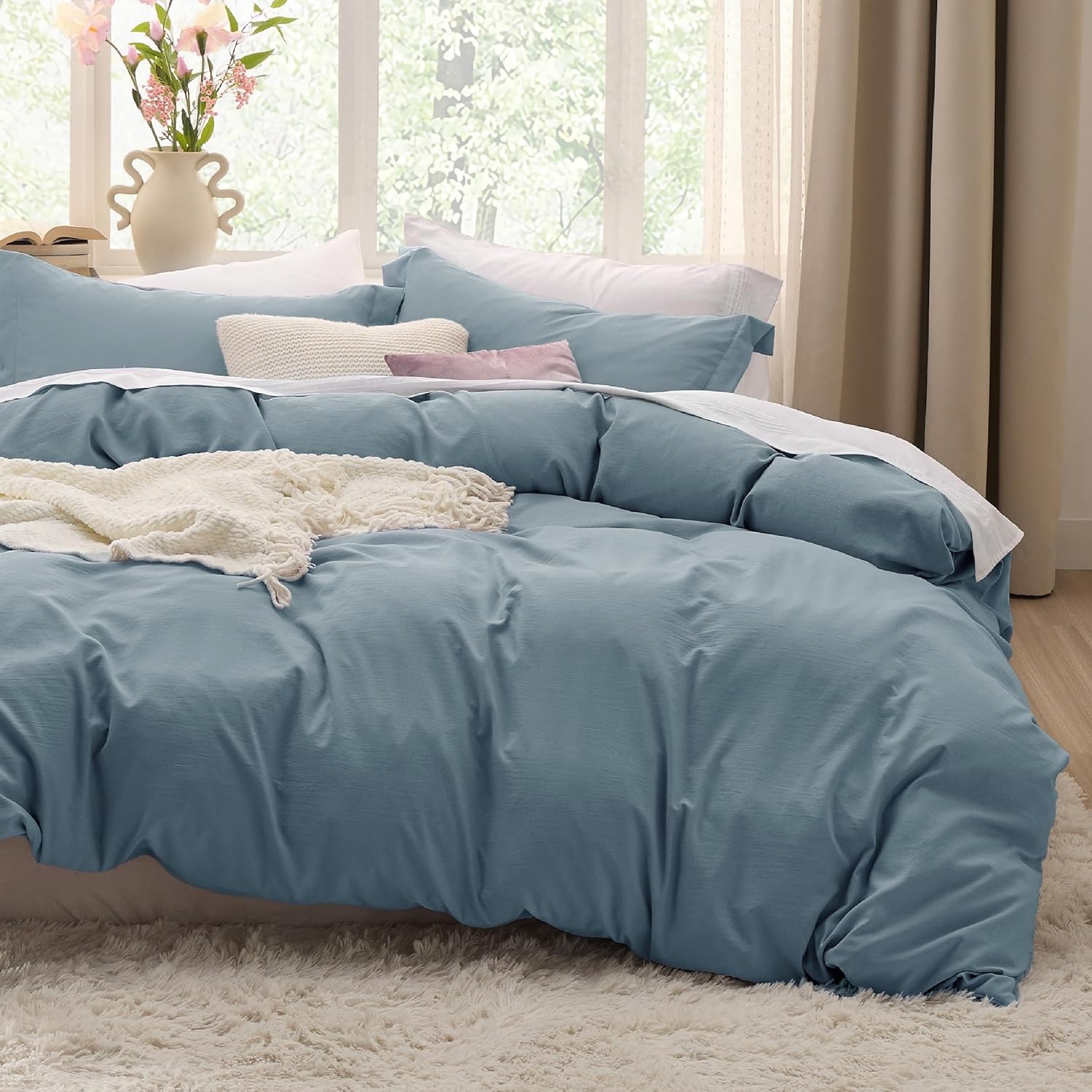 image:imageBedsure Duvet Cover Queen Size with Fitted Sheet 4 Pieces Prewashed Polyester Soft Bedding Set Includes 1 Duvet Cover 90x90 with Zipper Closure 2 Pillow Shams 1 Fitted Sheet Bright White05 Dusty Blue No Comforter