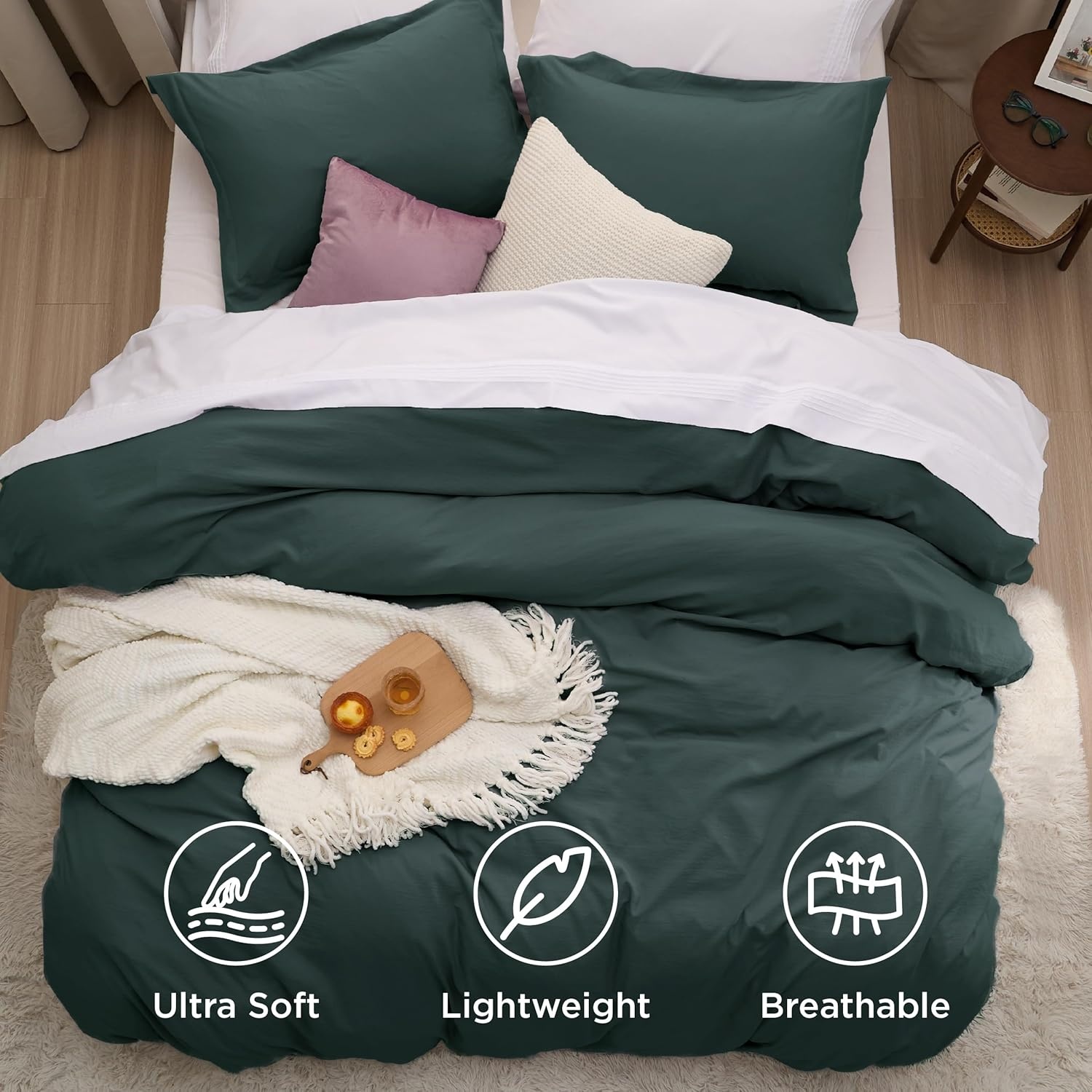 image:imageBedsure Duvet Cover Queen Size with Fitted Sheet 4 Pieces Prewashed Polyester Soft Bedding Set Includes 1 Duvet Cover 90x90 with Zipper Closure 2 Pillow Shams 1 Fitted Sheet Bright White01 Forest Green No Comforter